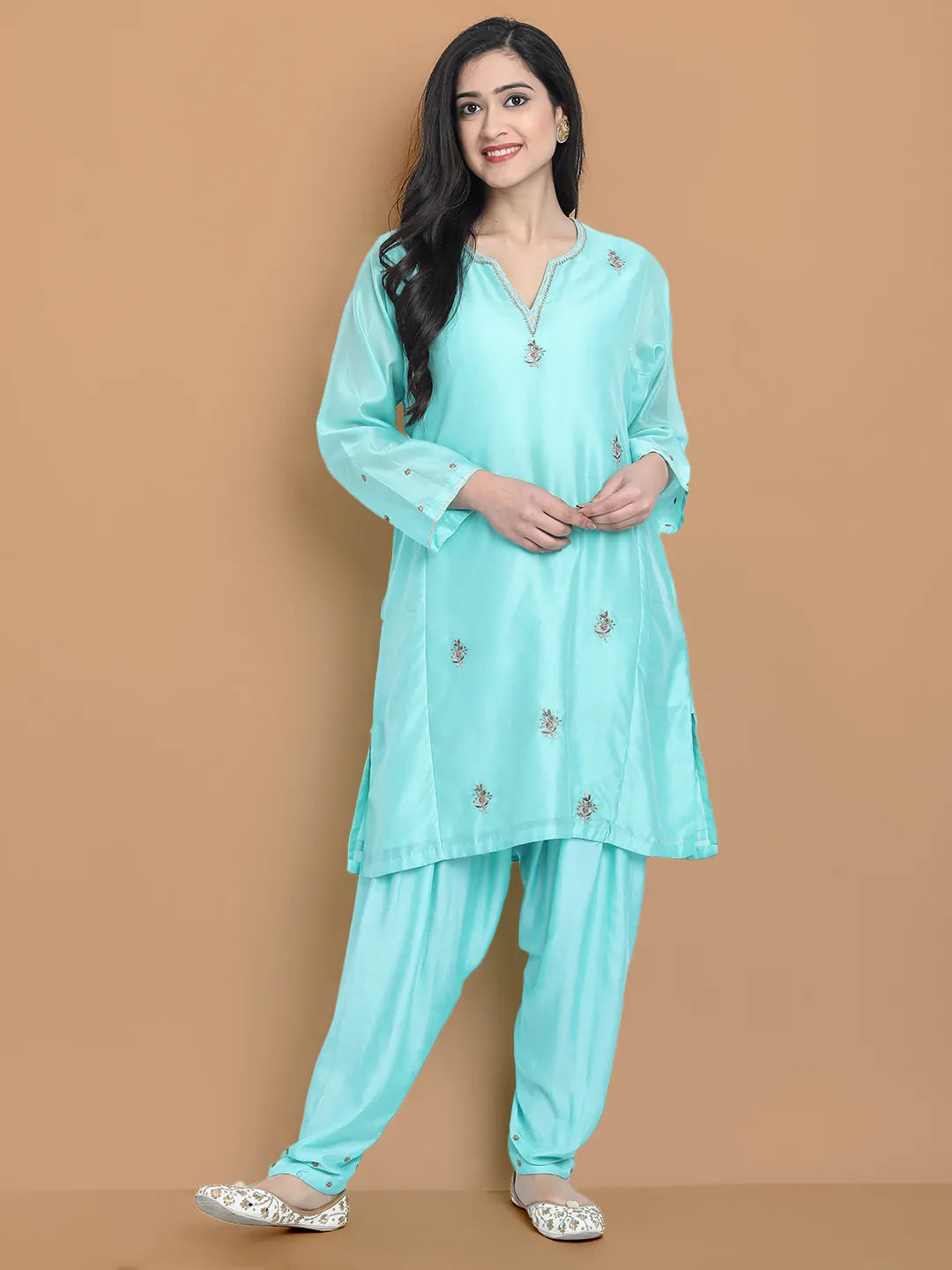 Hand embroidered salwar kurta set made on yarn dyed curpo silk chanderi , and modal satin ( salwar)
