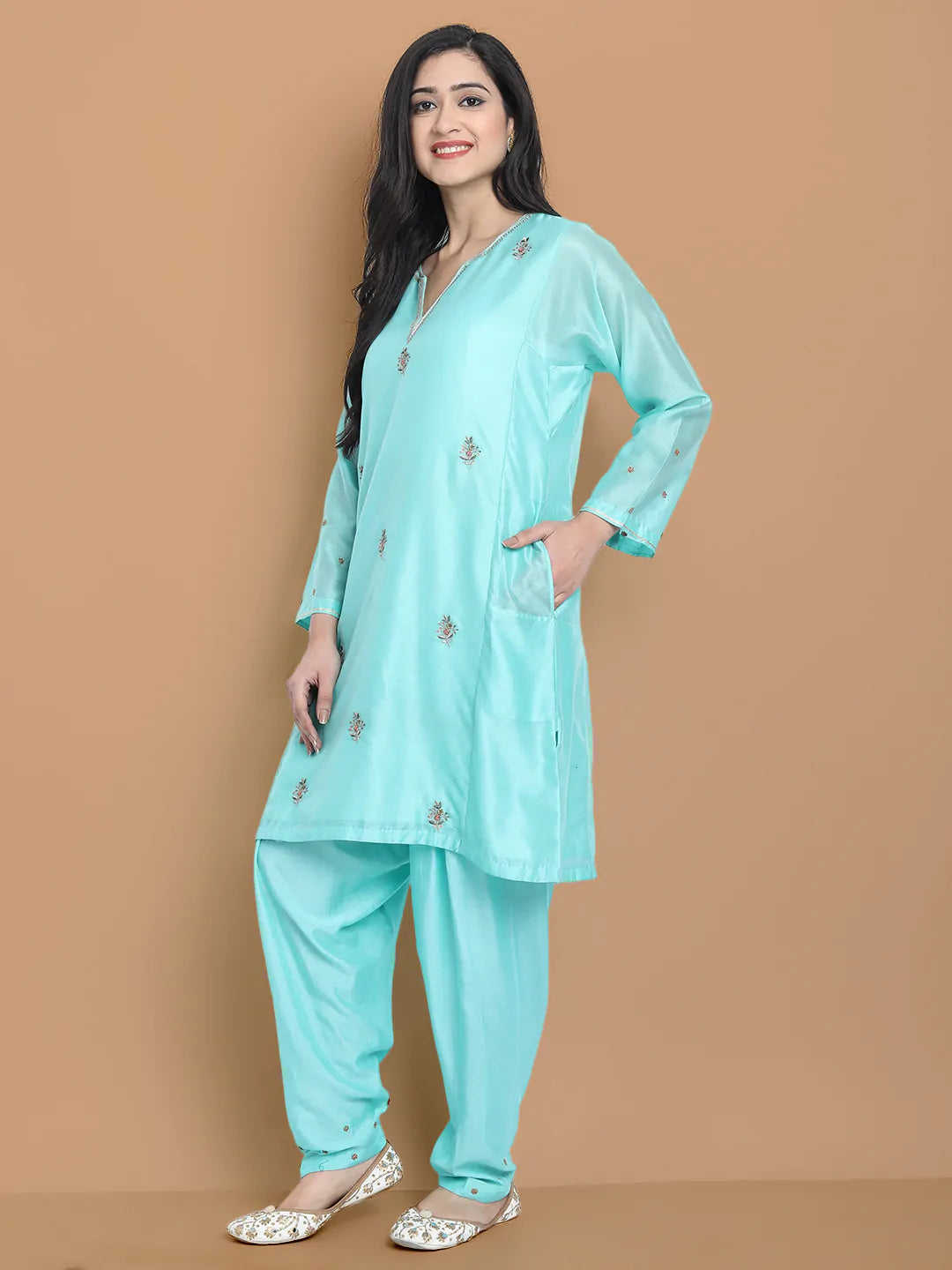 Hand embroidered salwar kurta set made on yarn dyed curpo silk chanderi , and modal satin ( salwar)