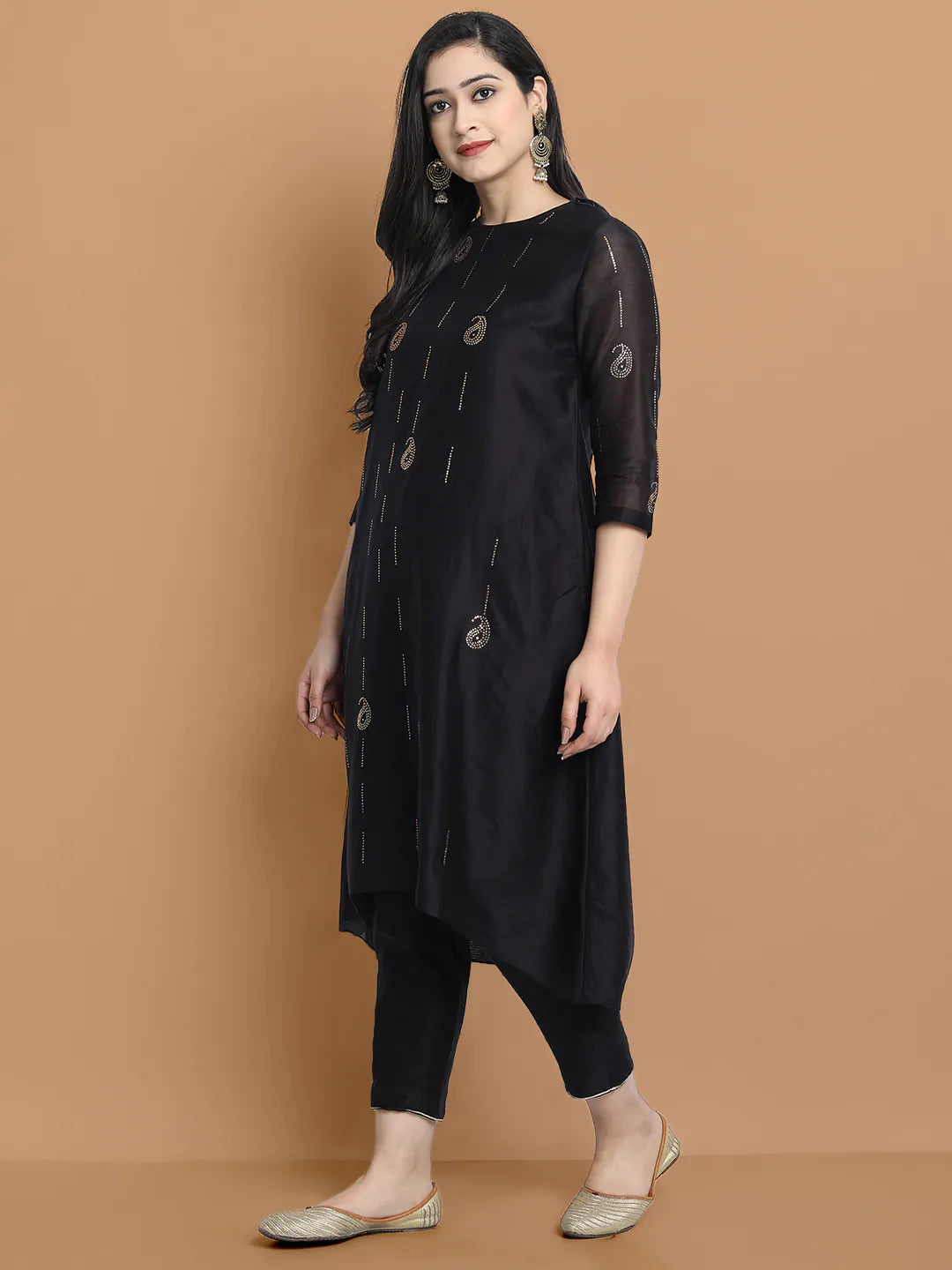 Yarn dyed cupro silk chanderi kurta highligted with mukaish hand work all over , paired with cotton trouser and zari chanderi net dupatta