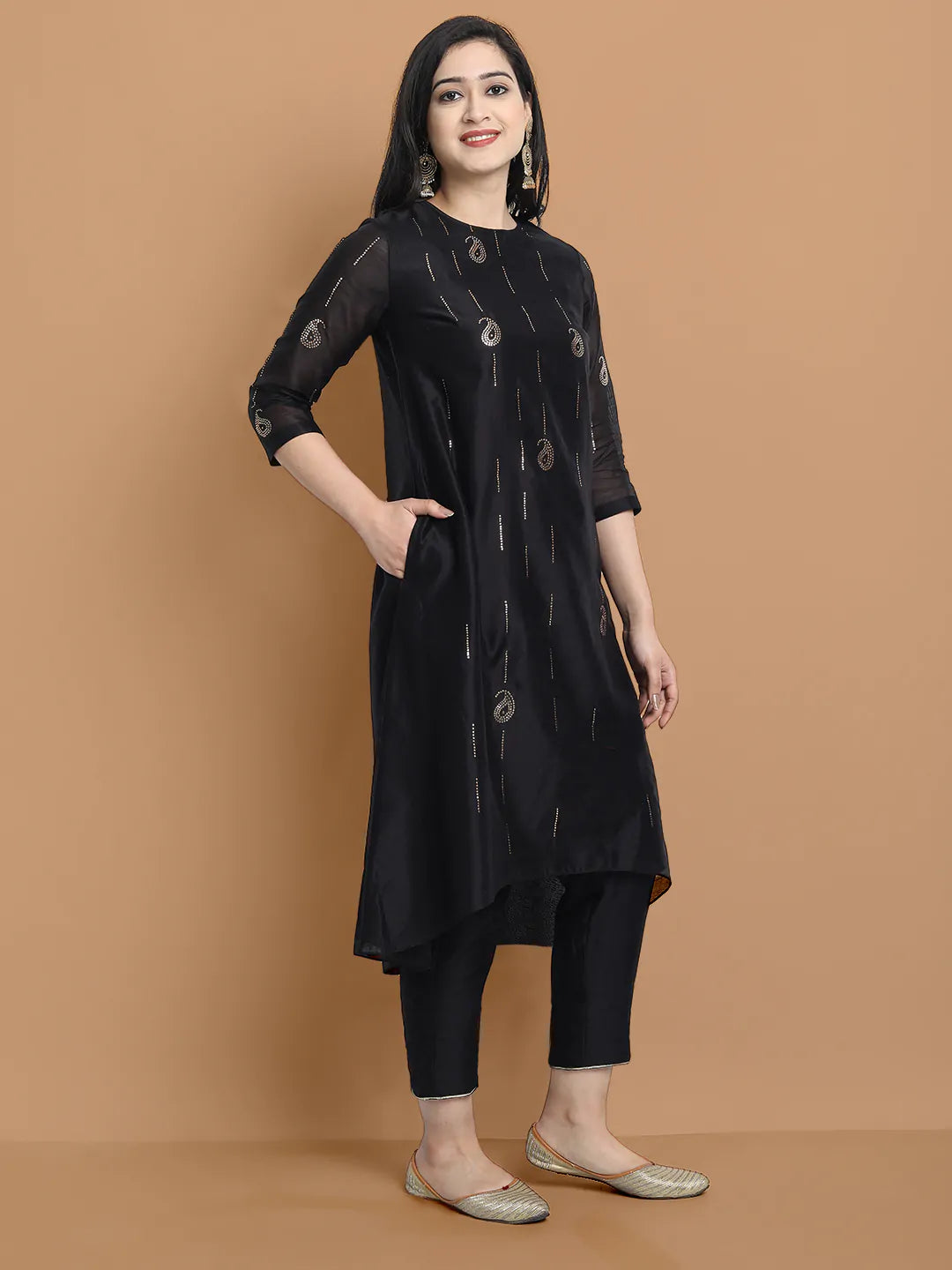 Yarn dyed cupro silk chanderi kurta highligted with mukaish hand work all over , paired with cotton trouser and zari chanderi net dupatta