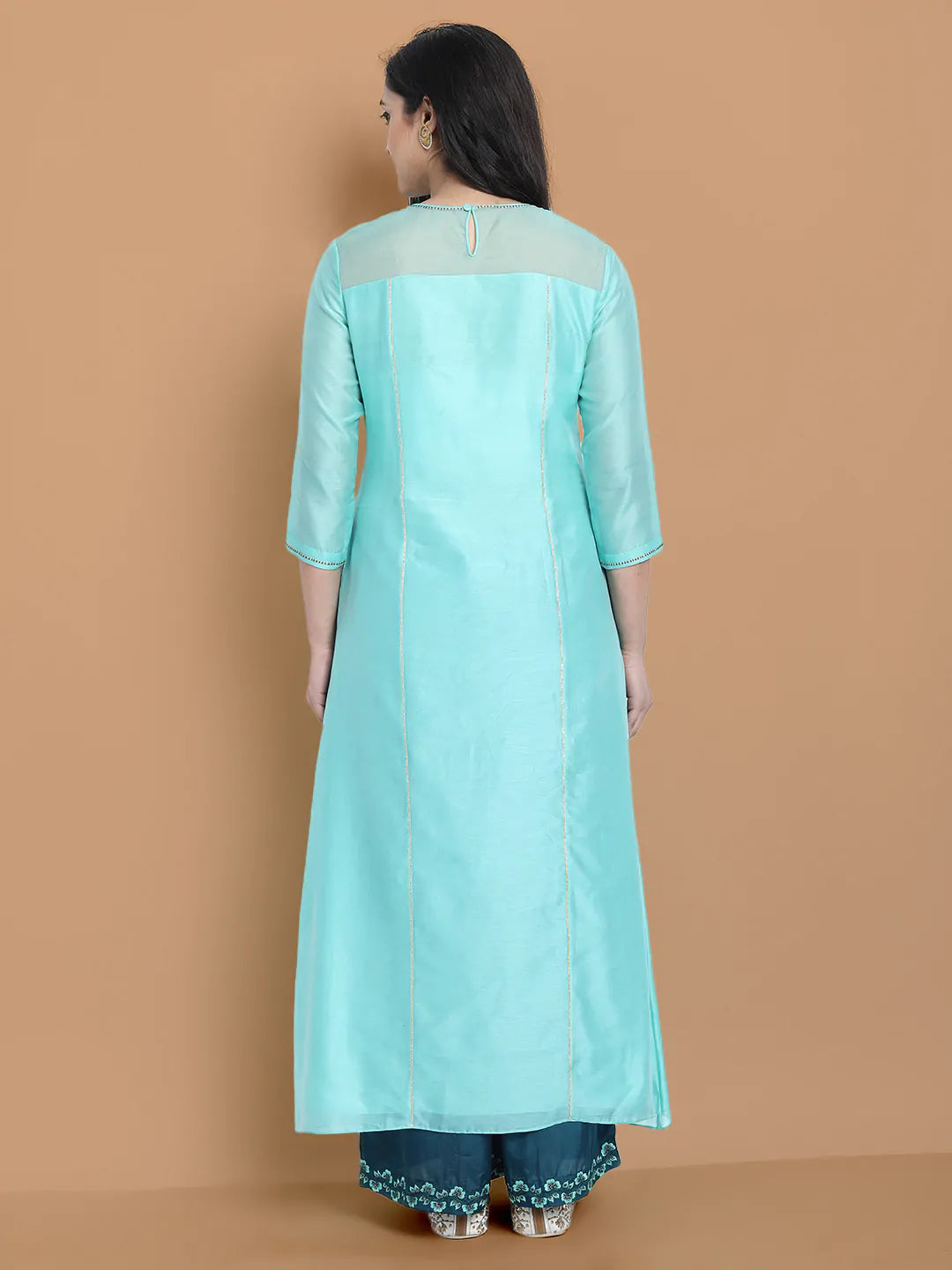 Pastel blue high low kurta with hand and machine embroidery , paired with embroidered wide farshi