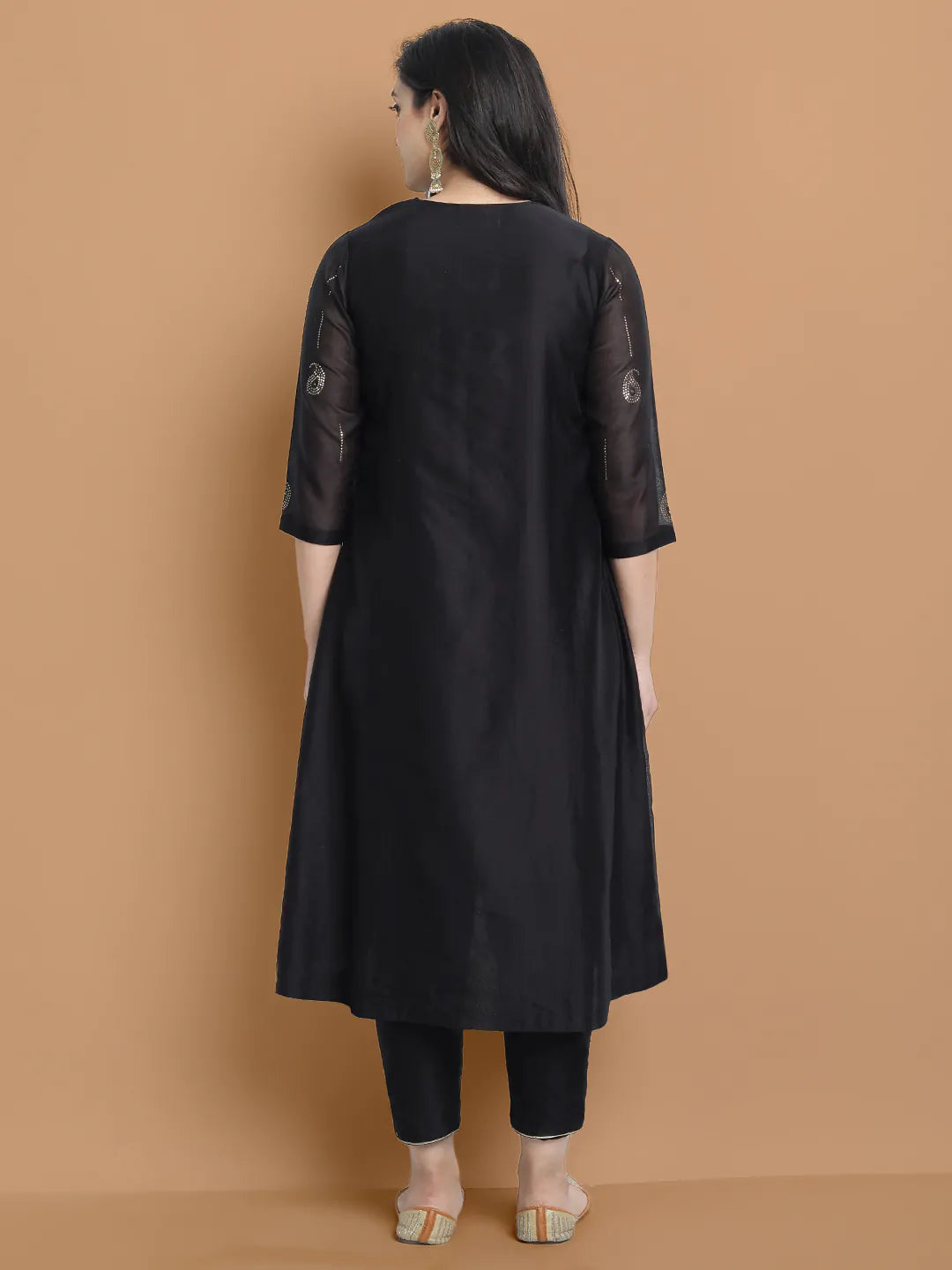Yarn dyed cupro silk chanderi kurta highligted with mukaish hand work all over , paired with cotton trouser and zari chanderi net dupatta