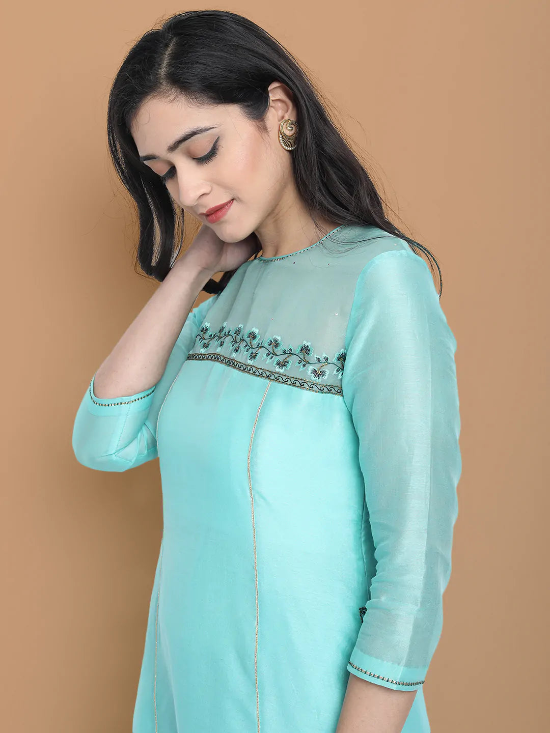 Pastel blue high low kurta with hand and machine embroidery , paired with embroidered wide farshi