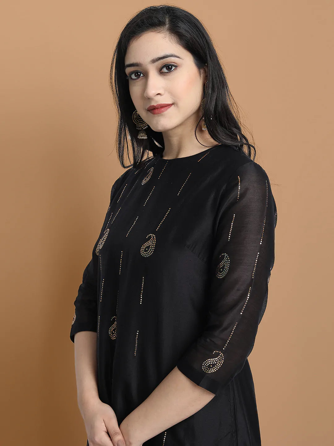 Yarn dyed cupro silk chanderi kurta highligted with mukaish hand work all over , paired with cotton trouser and zari chanderi net dupatta