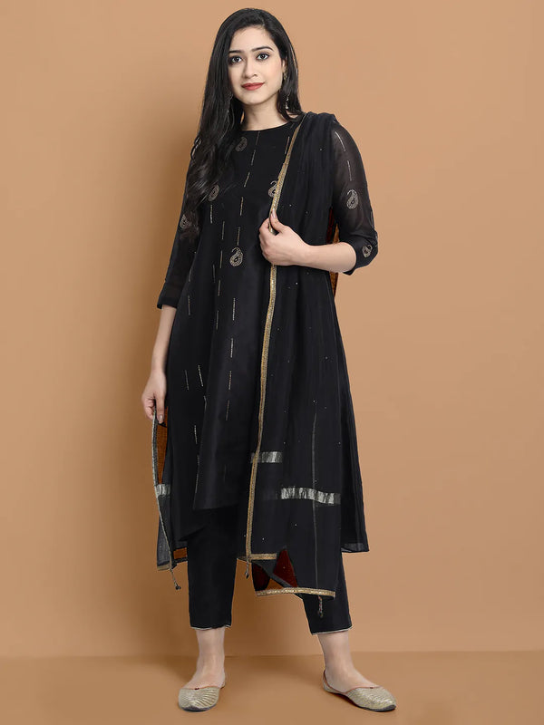 Yarn dyed cupro silk chanderi kurta highligted with mukaish hand work all over , paired with cotton trouser and zari chanderi net dupatta