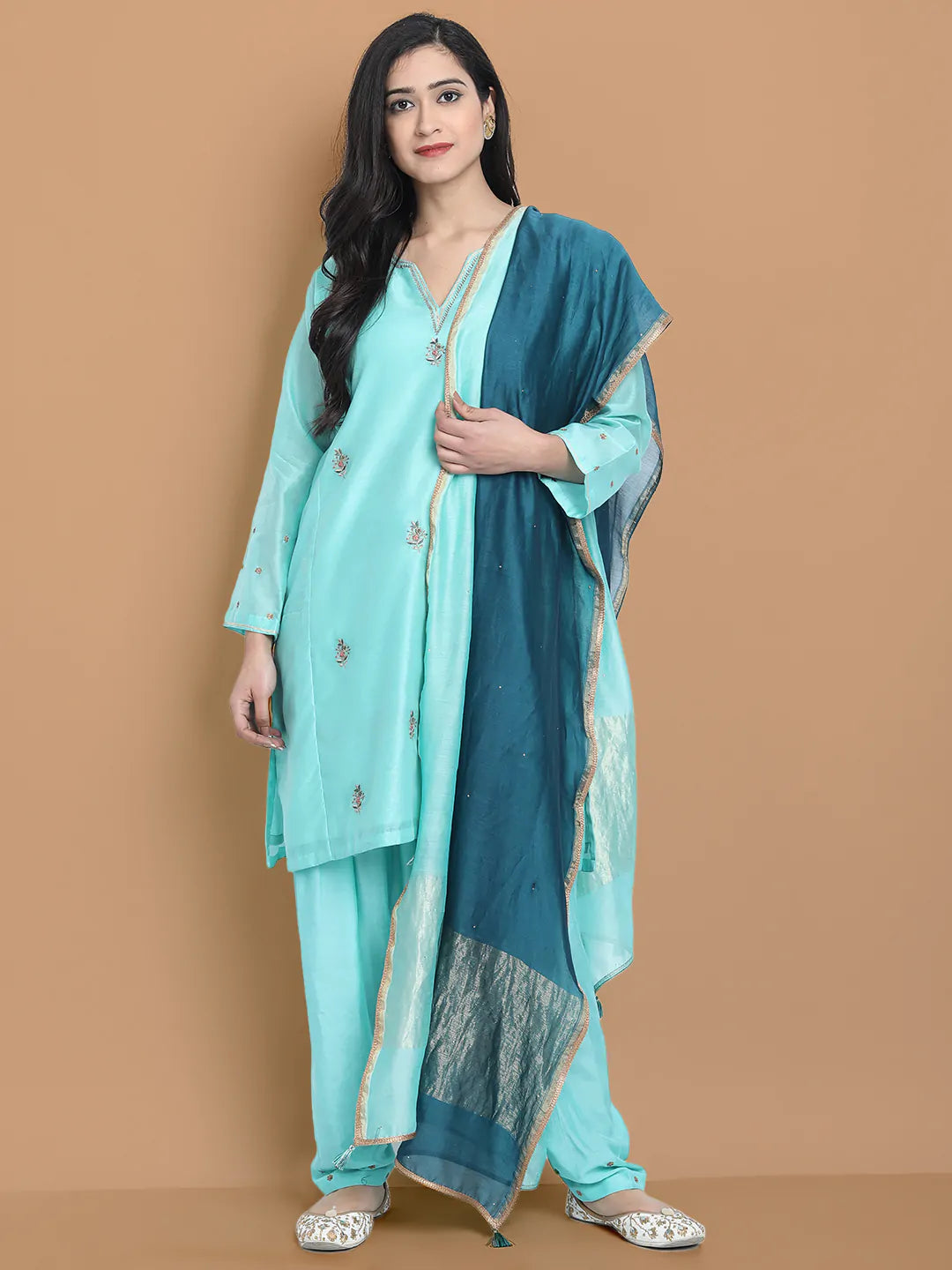 Hand embroidered salwar kurta set made on yarn dyed curpo silk chanderi , and modal satin ( salwar)