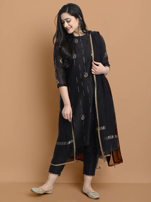 Yarn dyed cupro silk chanderi kurta highligted with mukaish hand work all over , paired with cotton trouser and zari chanderi net dupatta