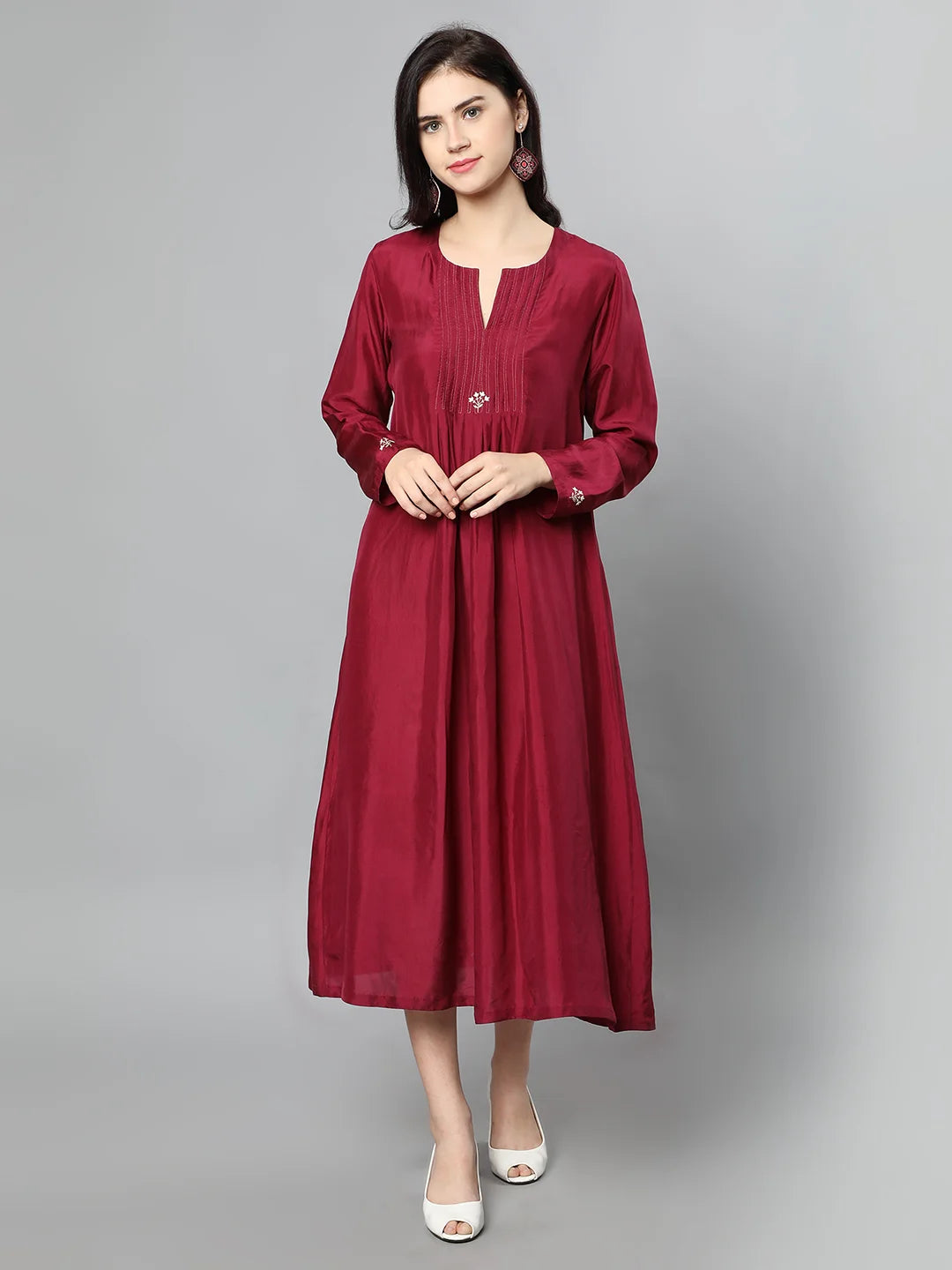 100%Cupro Silk Textured wine Dress with Floral embroidery on yoke and sleeves