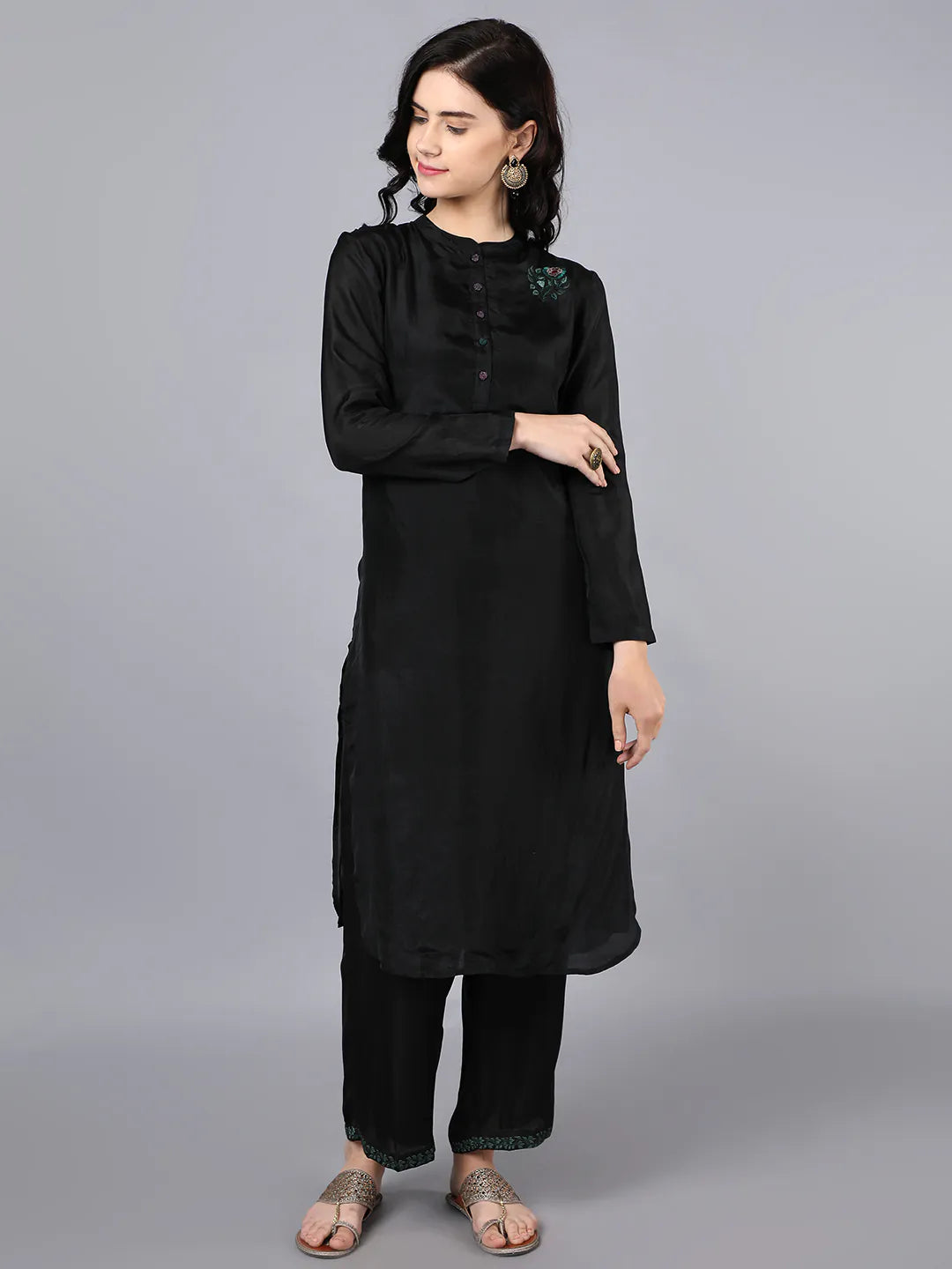 Chanderi kurta black with hand embroidery on yoke paired with black trouser