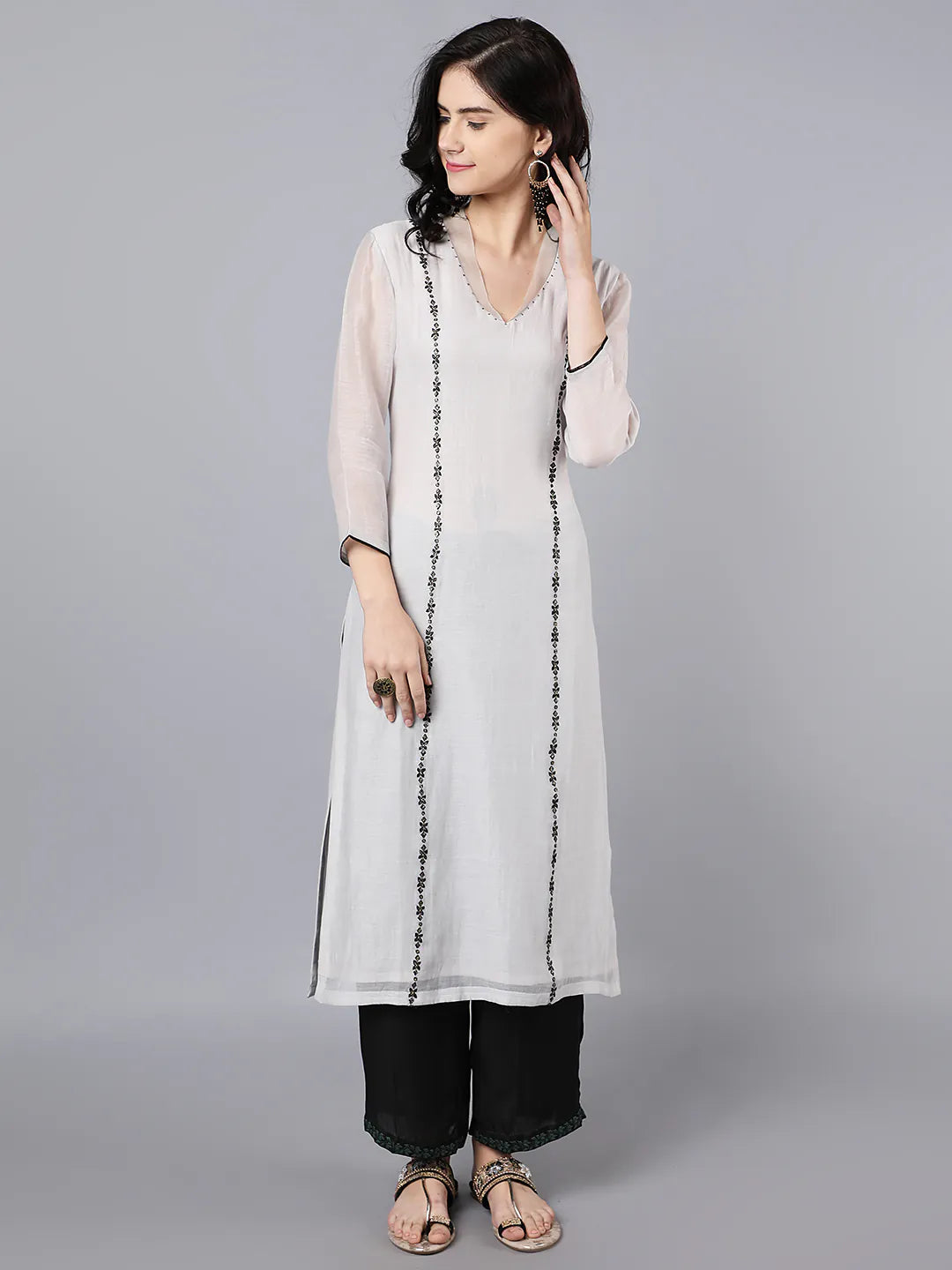 Chanderi kurta with resham and badla embroidery