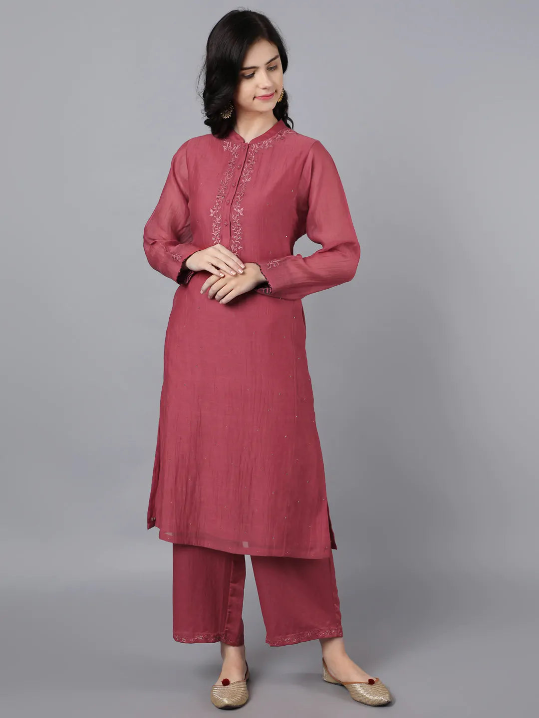 Chanderi kurta in brick red paired with farshi pants