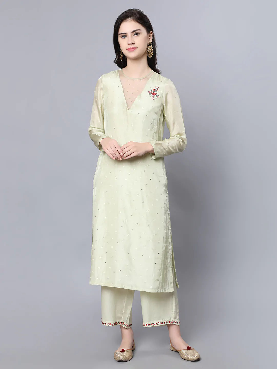 100% Cupro Silk kurta with organza and mukaish sprinkling