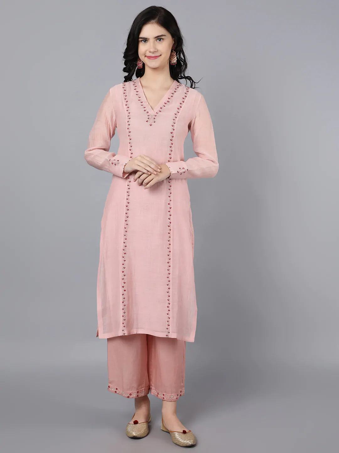 100% Cupro Silk Kurta with embroidery around placket