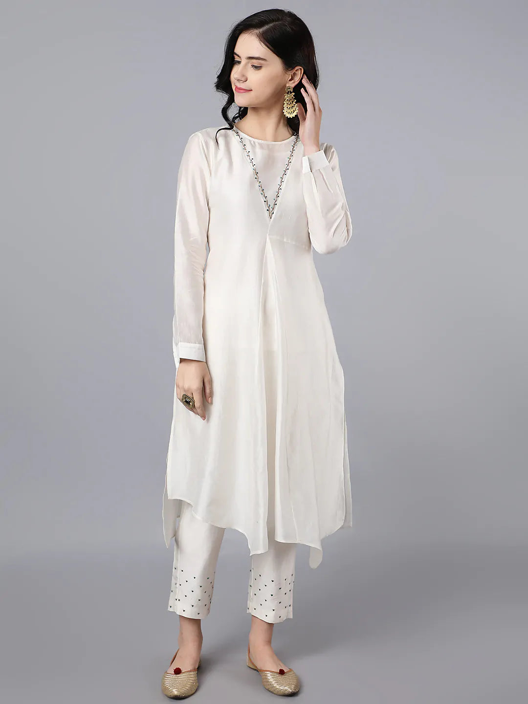 Chanderi Asymetric Kurta Ivory with hand embroidery on neck