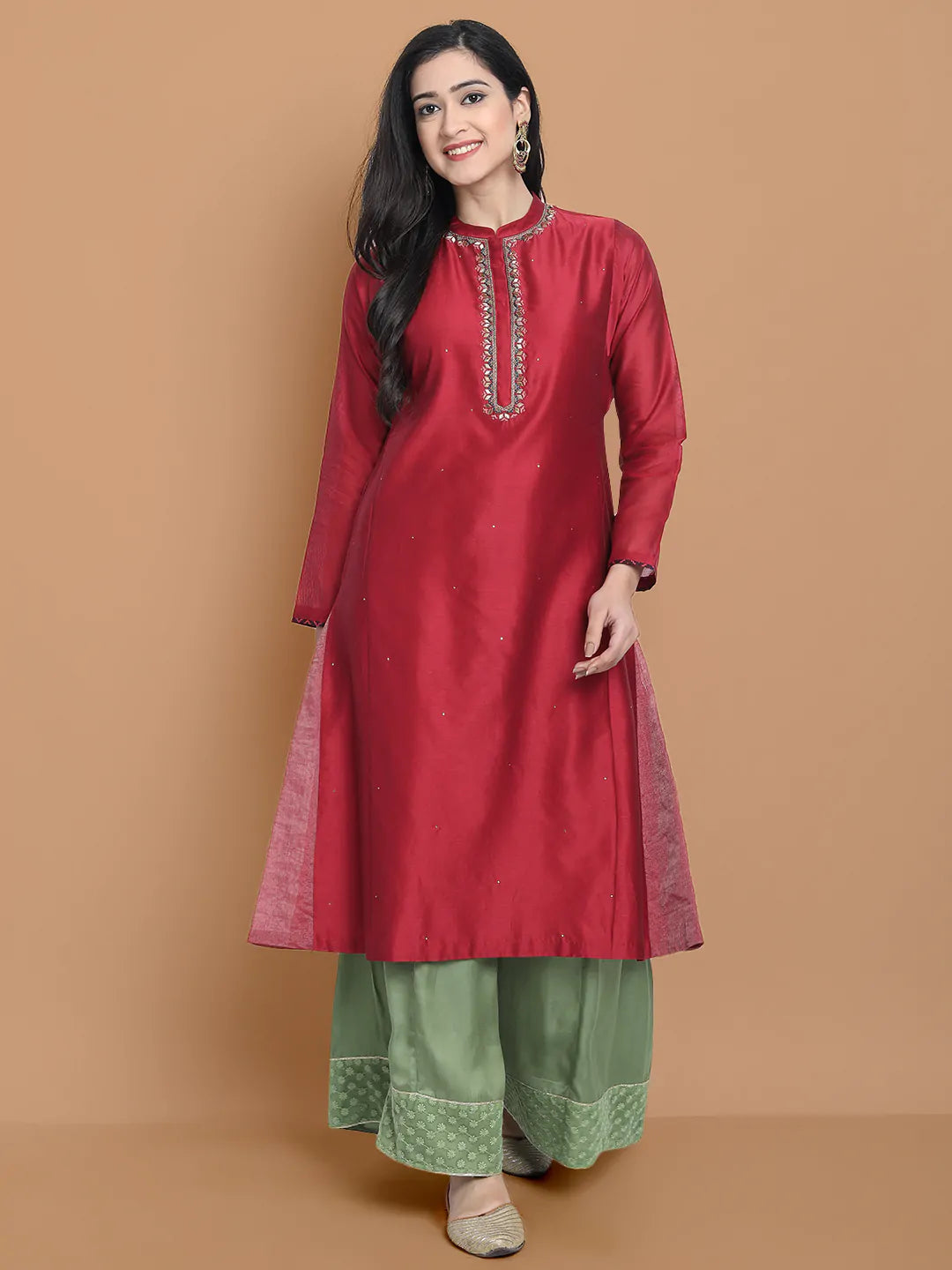 Hand embroidered silk chanderi kurta made on two tone chanderi , paired with modal satin wide farshi , highligted with hakoba lace