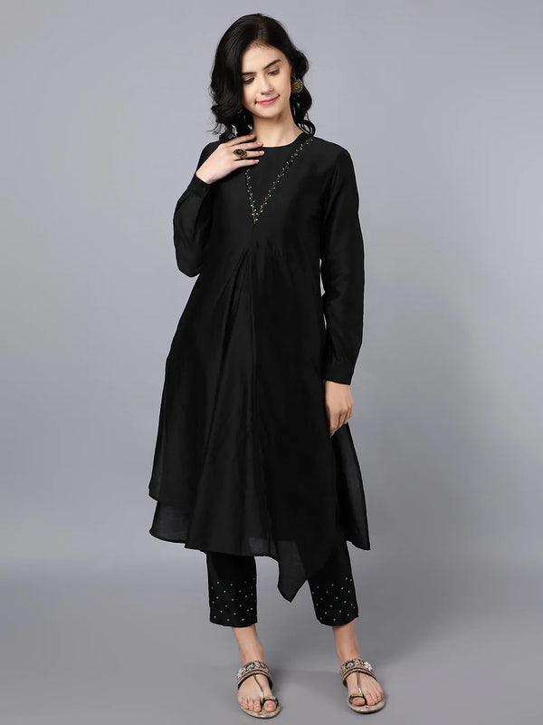 Chanderi Asymetric Kurta Black with hand embroidery on neck