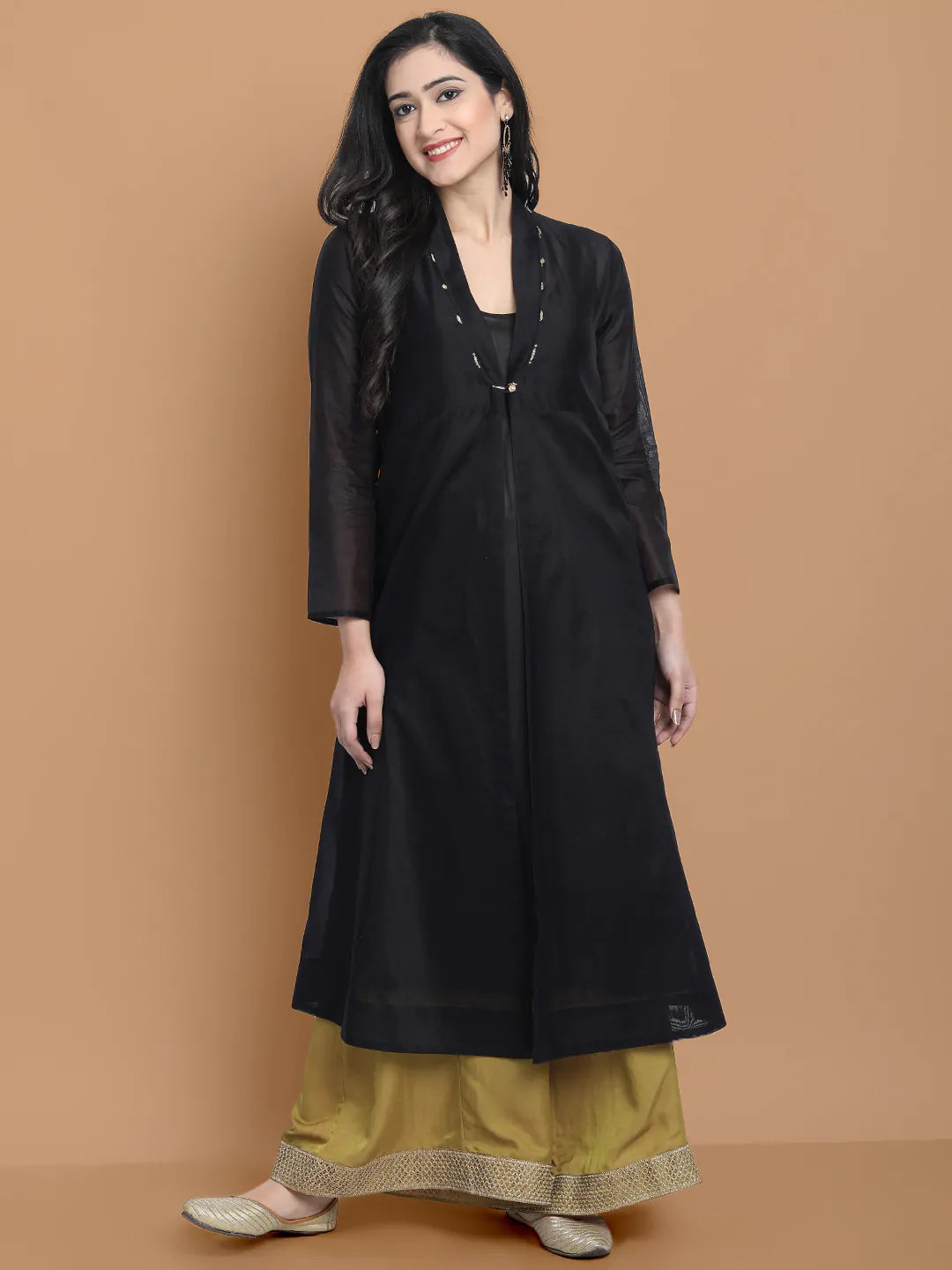 Hand and Machine embroidered front open kurta made on silk chanderi , paired with inner kurta and wide farshi in modal satin