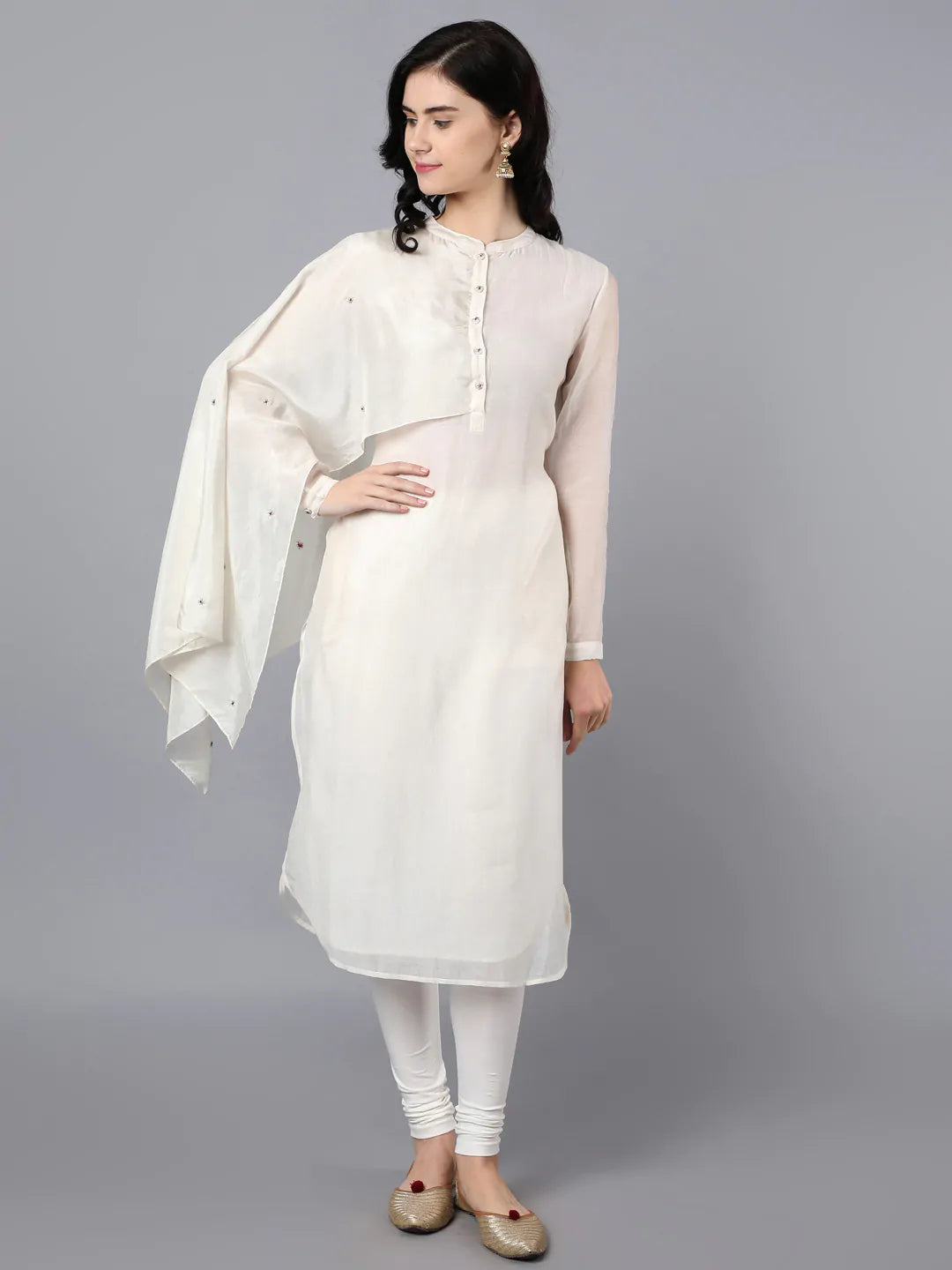 Chanderi kurta with 100% cupro silk drape. Paired with churidar