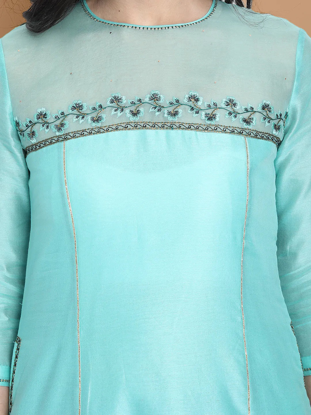 Pastel blue high low kurta with hand and machine embroidery , paired with embroidered wide farshi