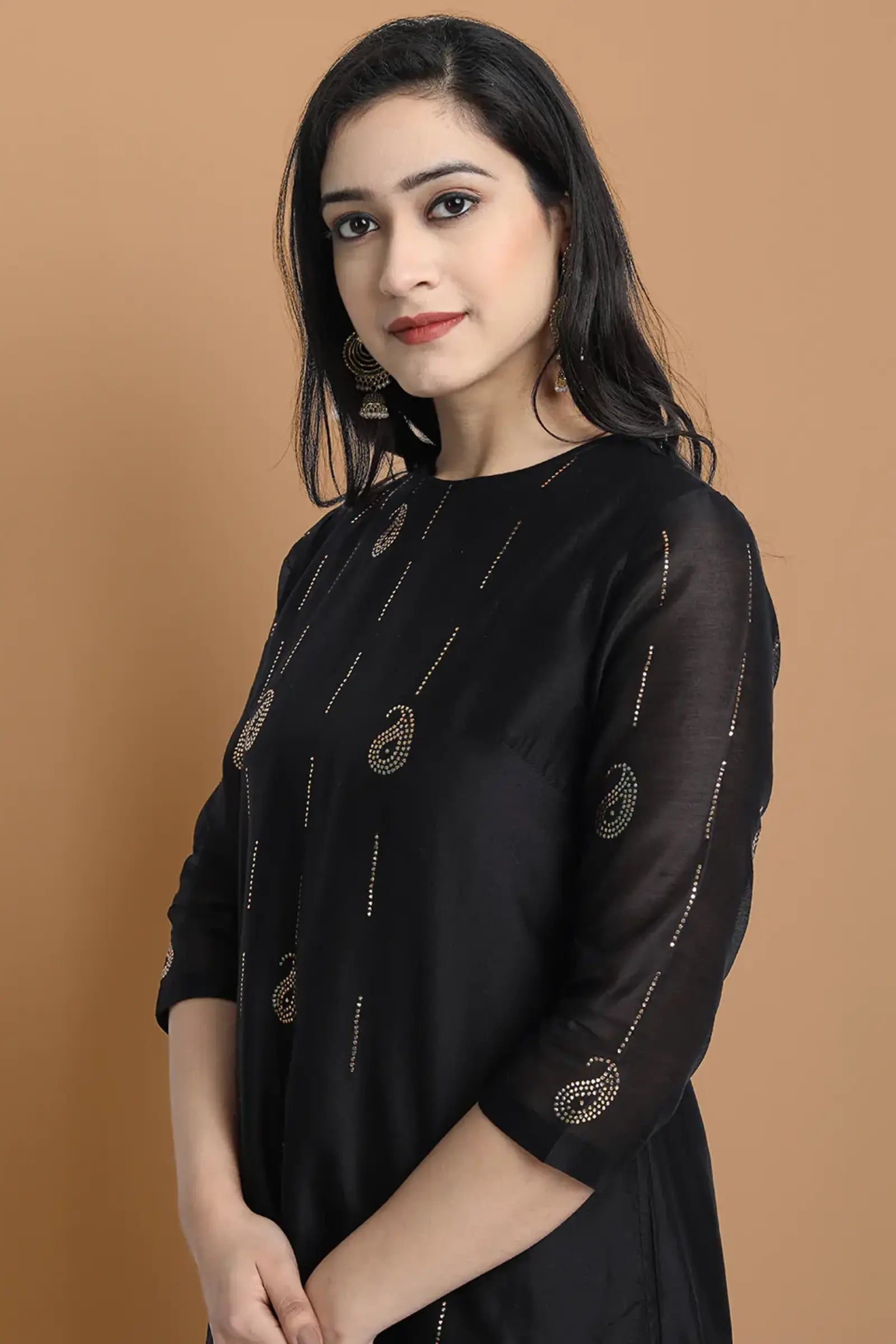 Yarn dyed cupro silk chanderi kurta highligted with mukaish hand work all over , paired with cotton trouser and zari chanderi net dupatta