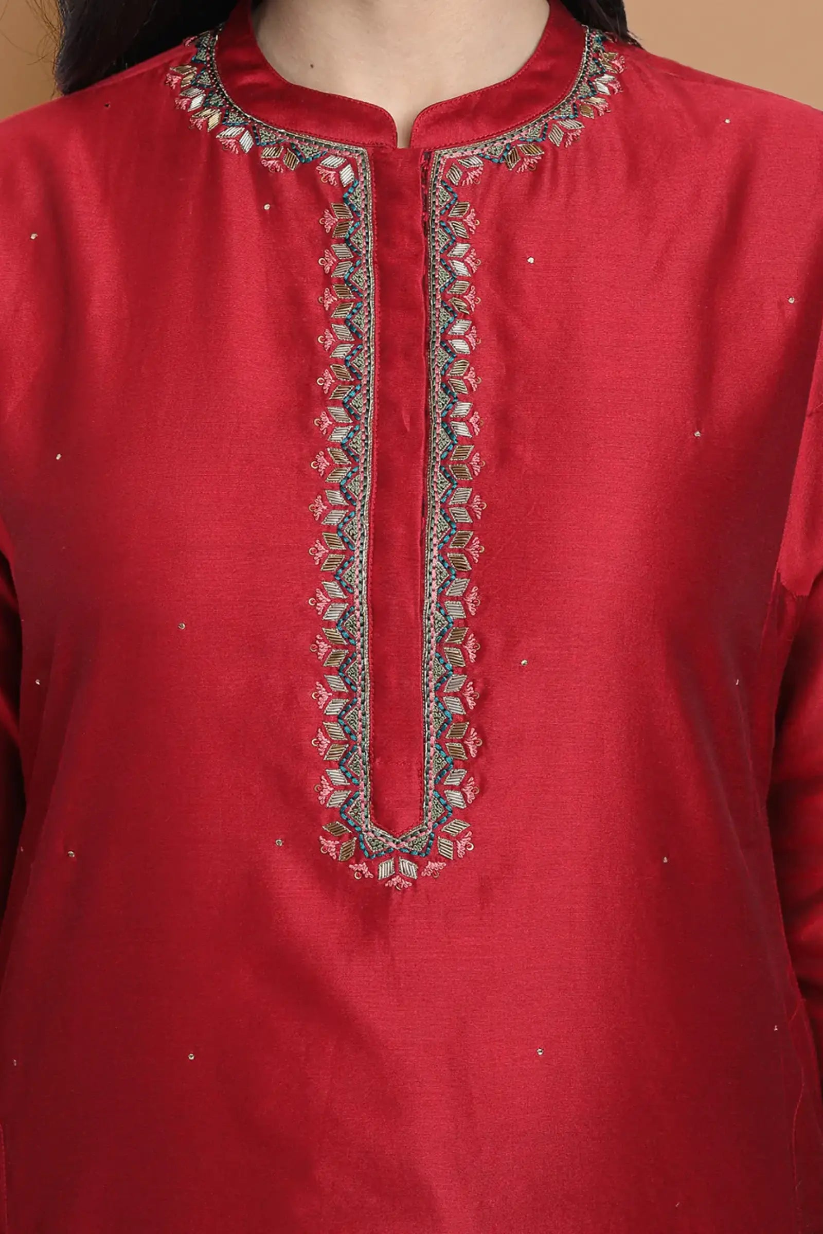 Hand embroidered silk chanderi kurta made on two tone chanderi , paired with modal satin wide farshi , highligted with hakoba lace