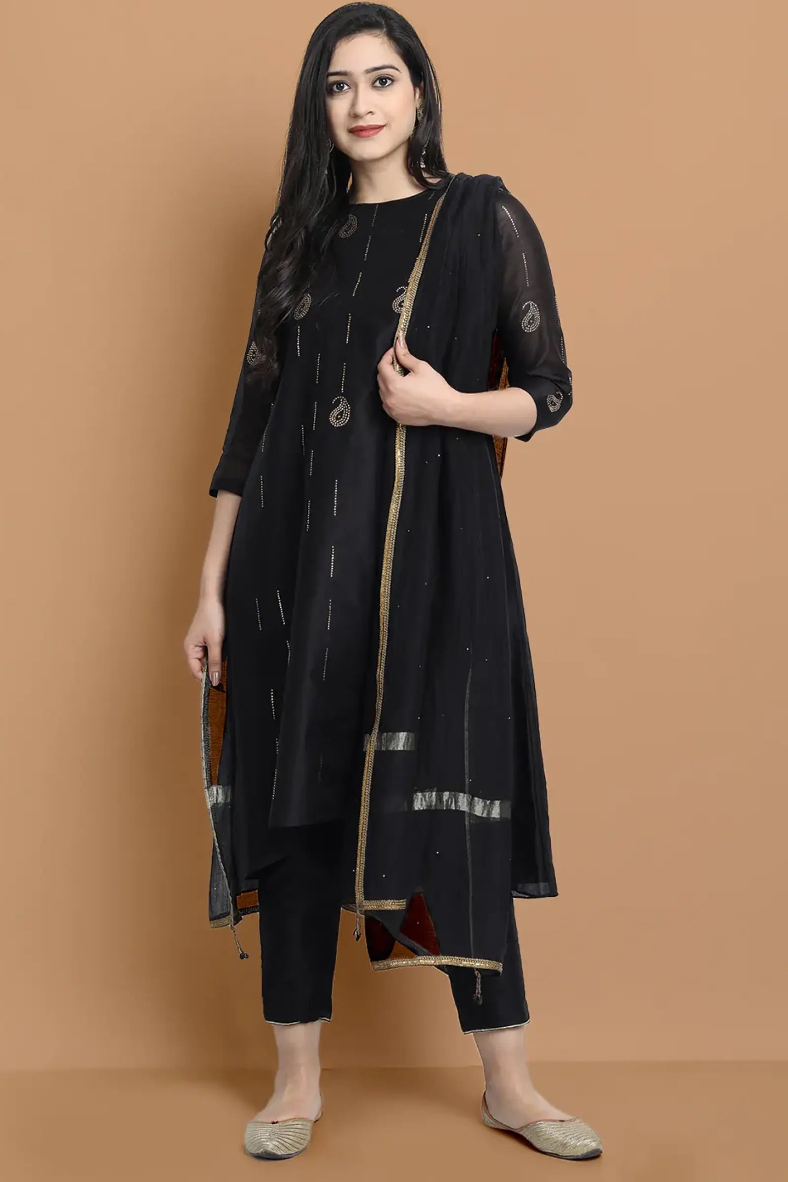 Yarn dyed cupro silk chanderi kurta highligted with mukaish hand work all over , paired with cotton trouser and zari chanderi net dupatta