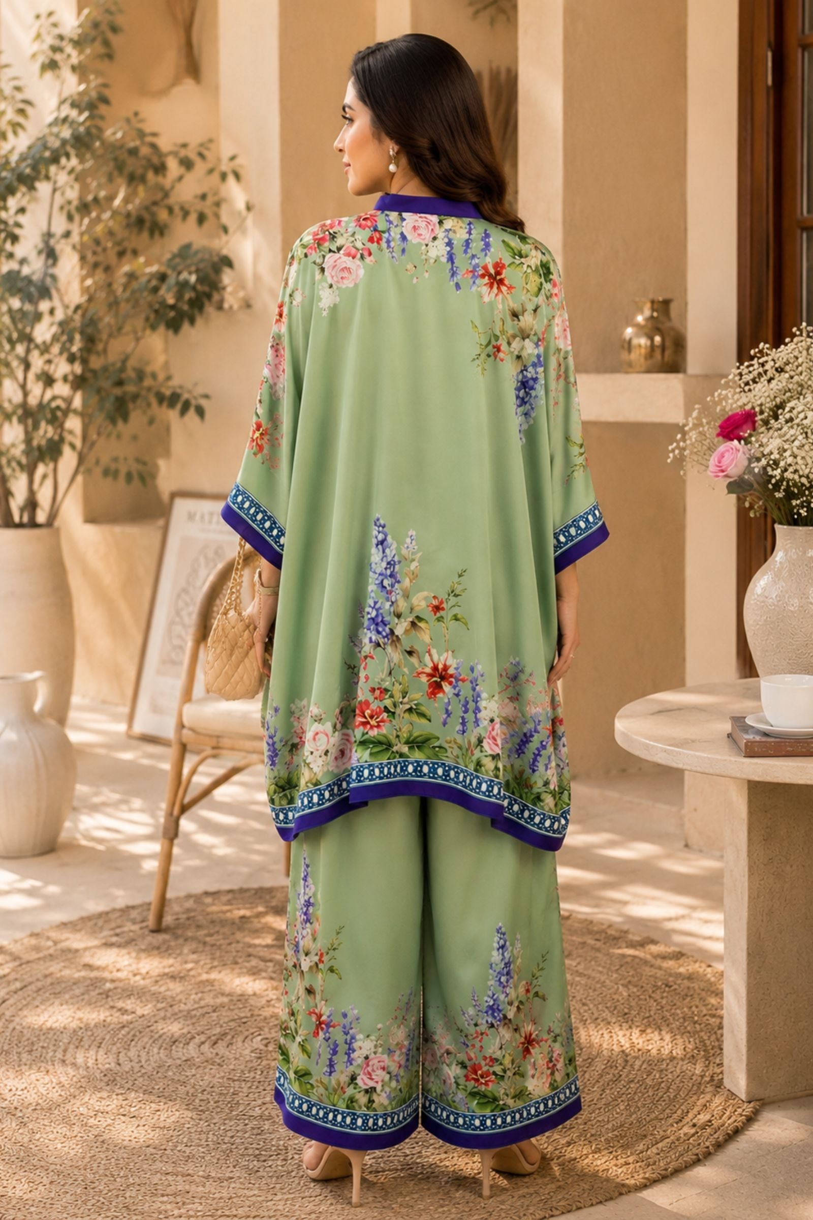 Alaya Mint green crepe kaftan set