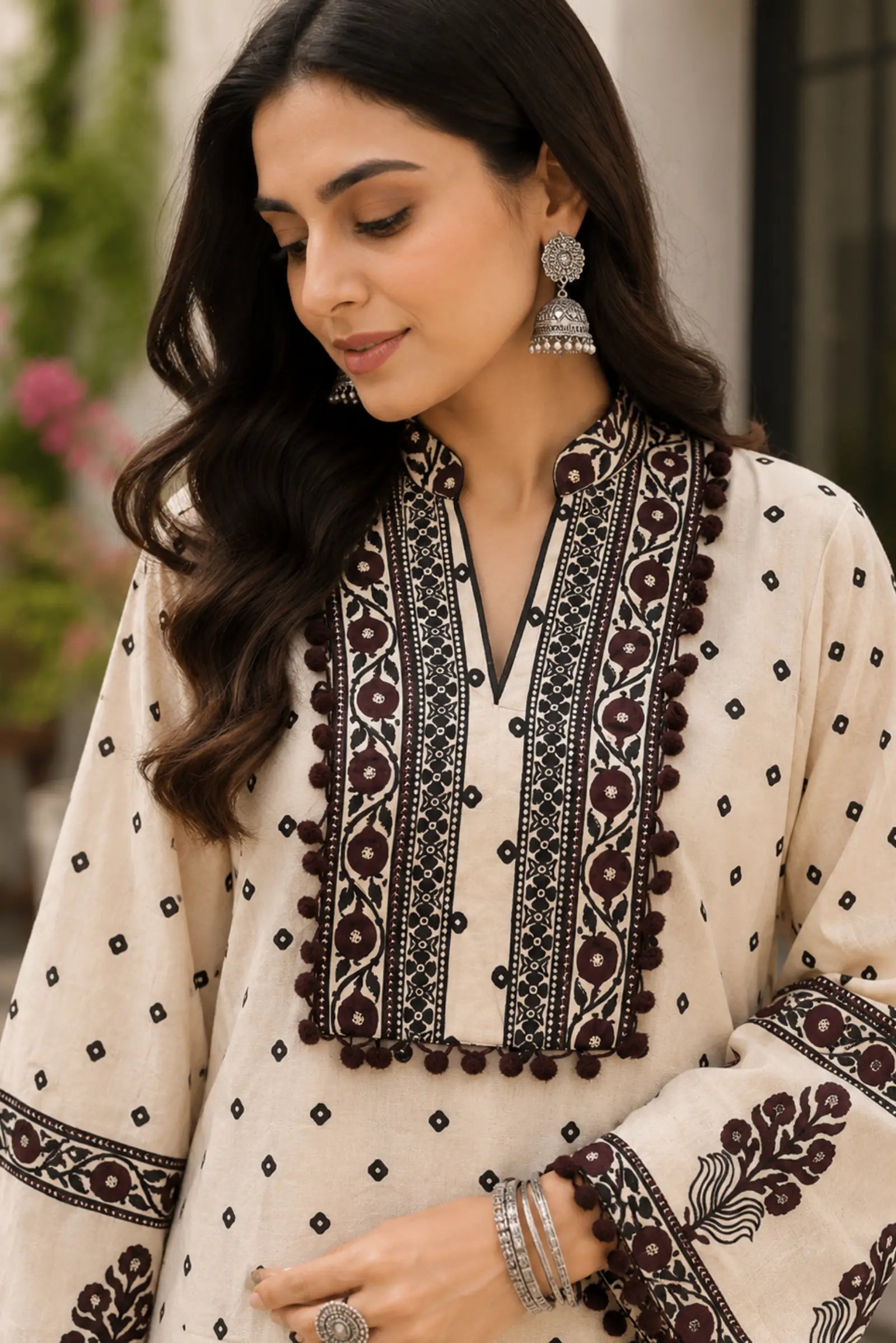 Hetvi Cotton Cream Base with Classic Black Ethnic Print Kurta Set