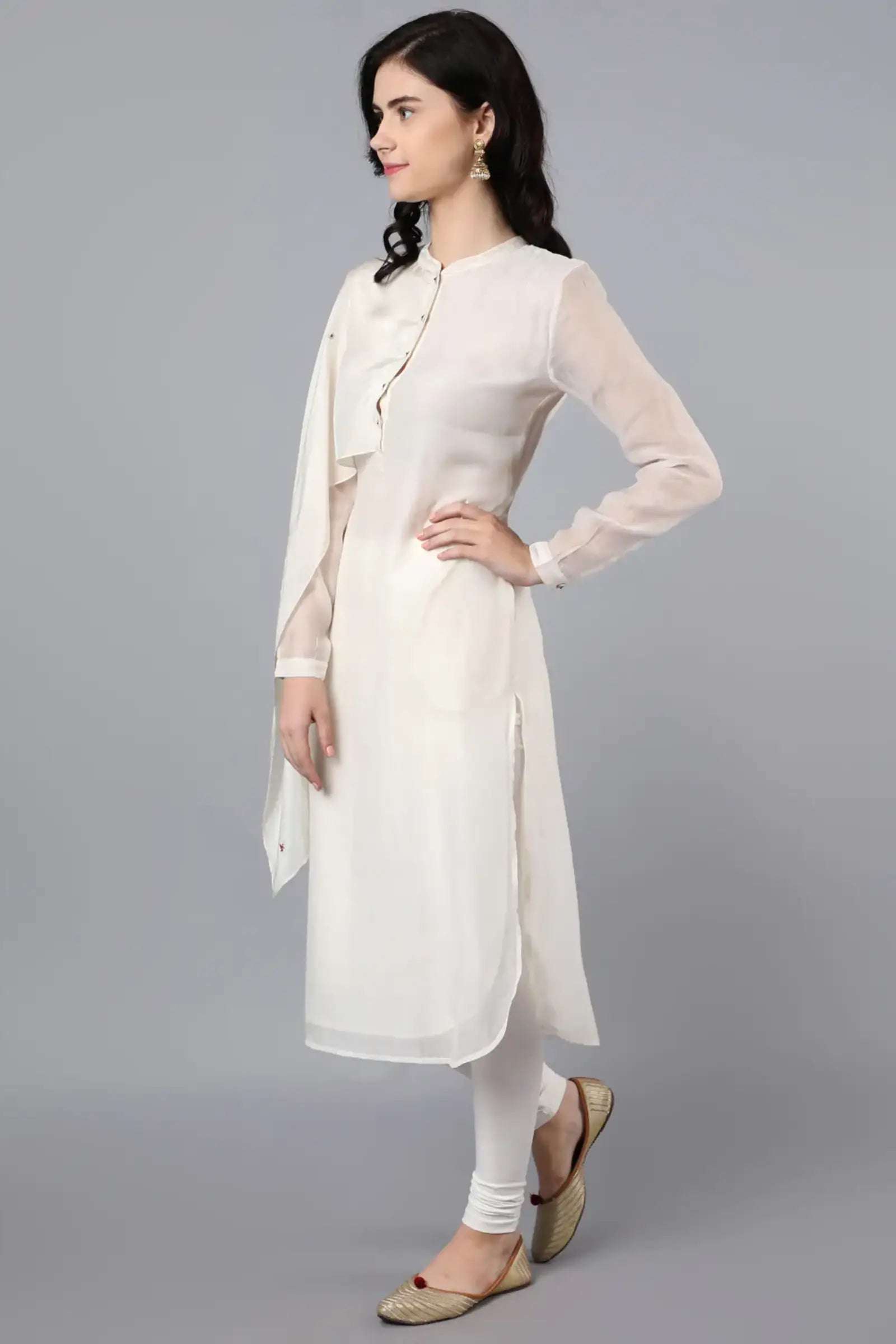 Chanderi kurta with 100% cupro silk drape. Paired with churidar