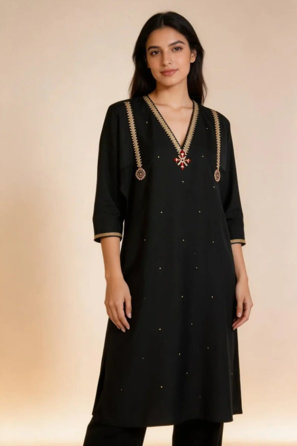 Cotton Black Kurta With Zari Embroidery