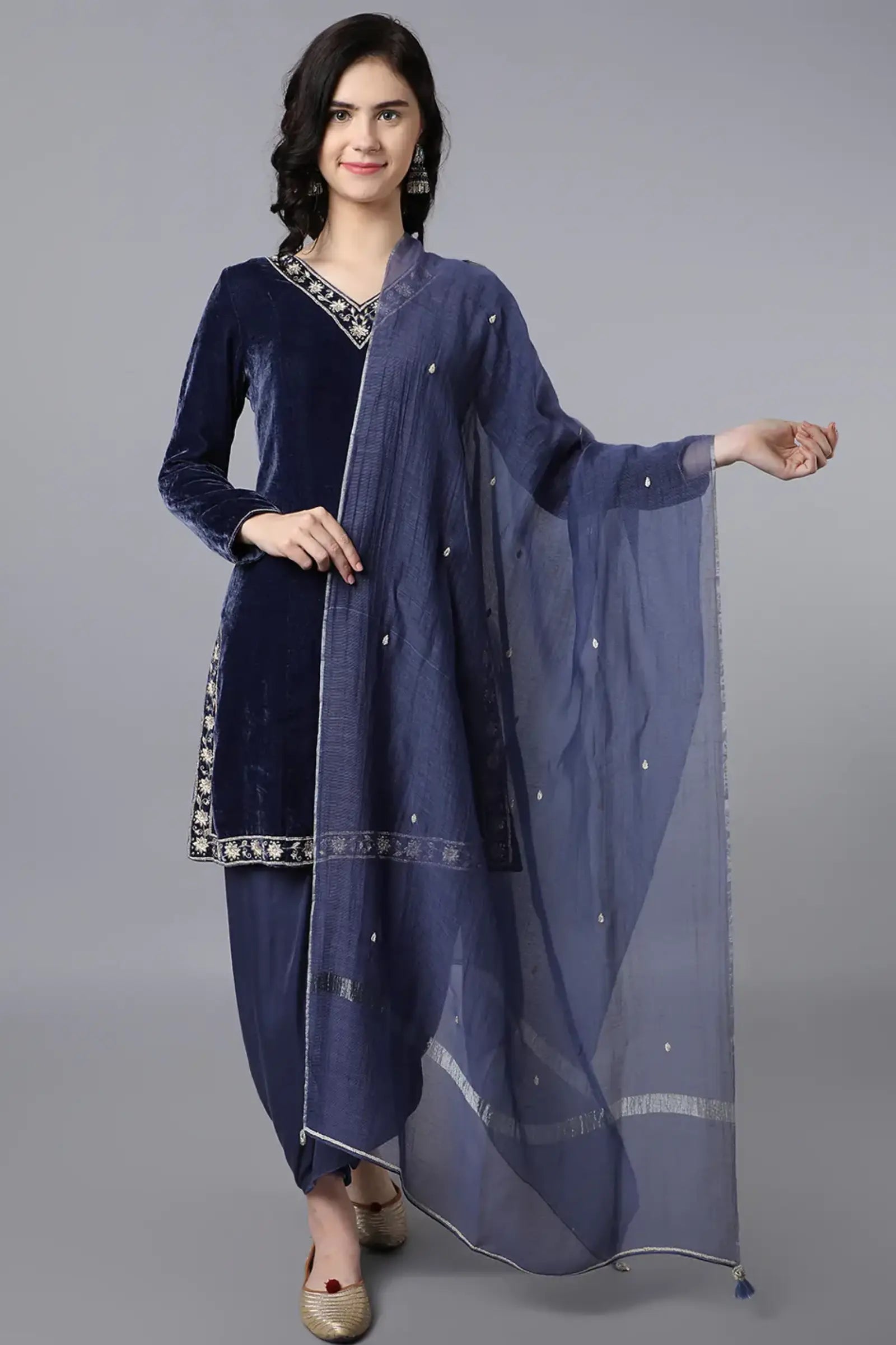 Kurta-viscose velvet + Bottom-bamber satin + Dupatta-chanderi net