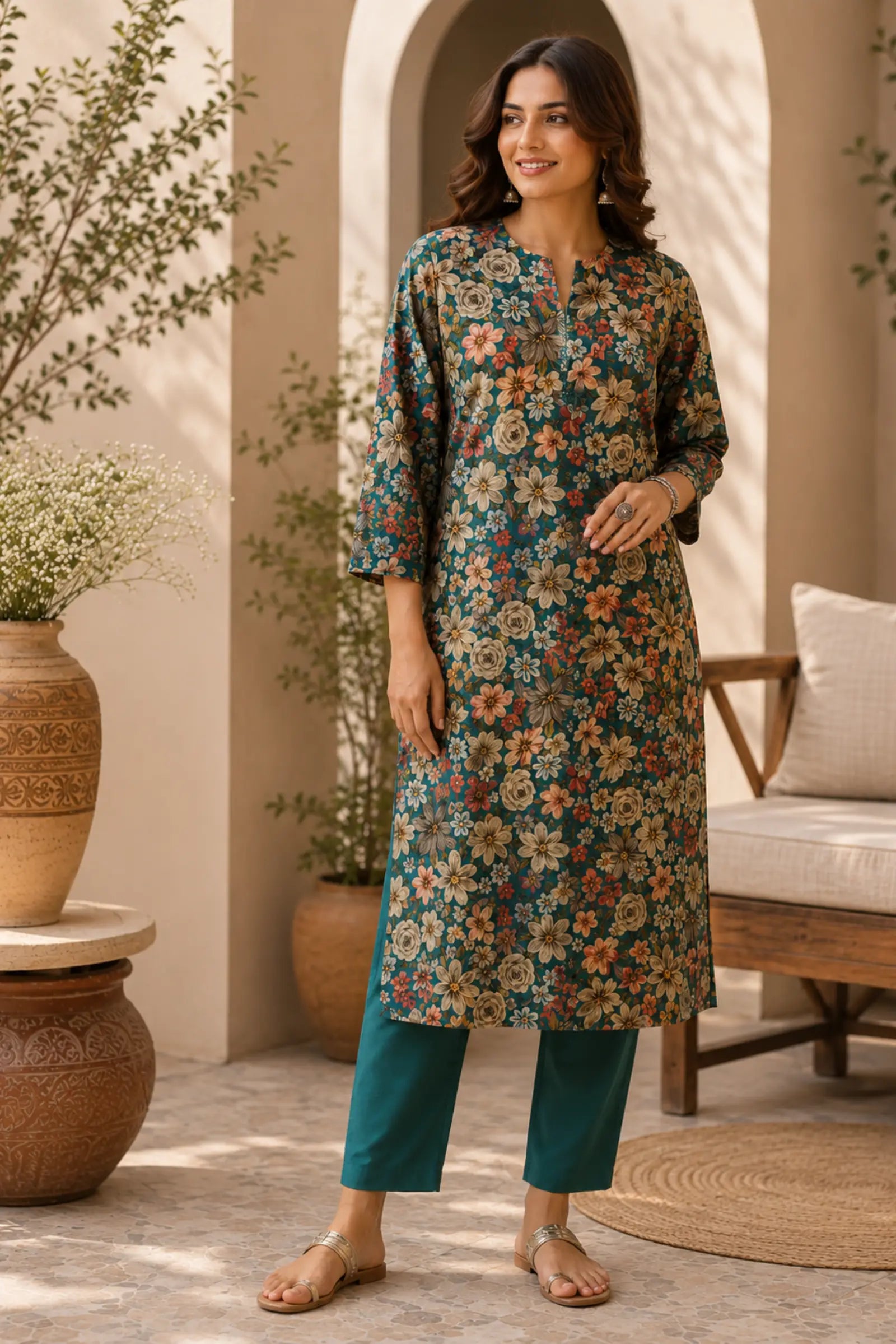 Ekiya Cotton Teal Blue Floral Print Kurta Set