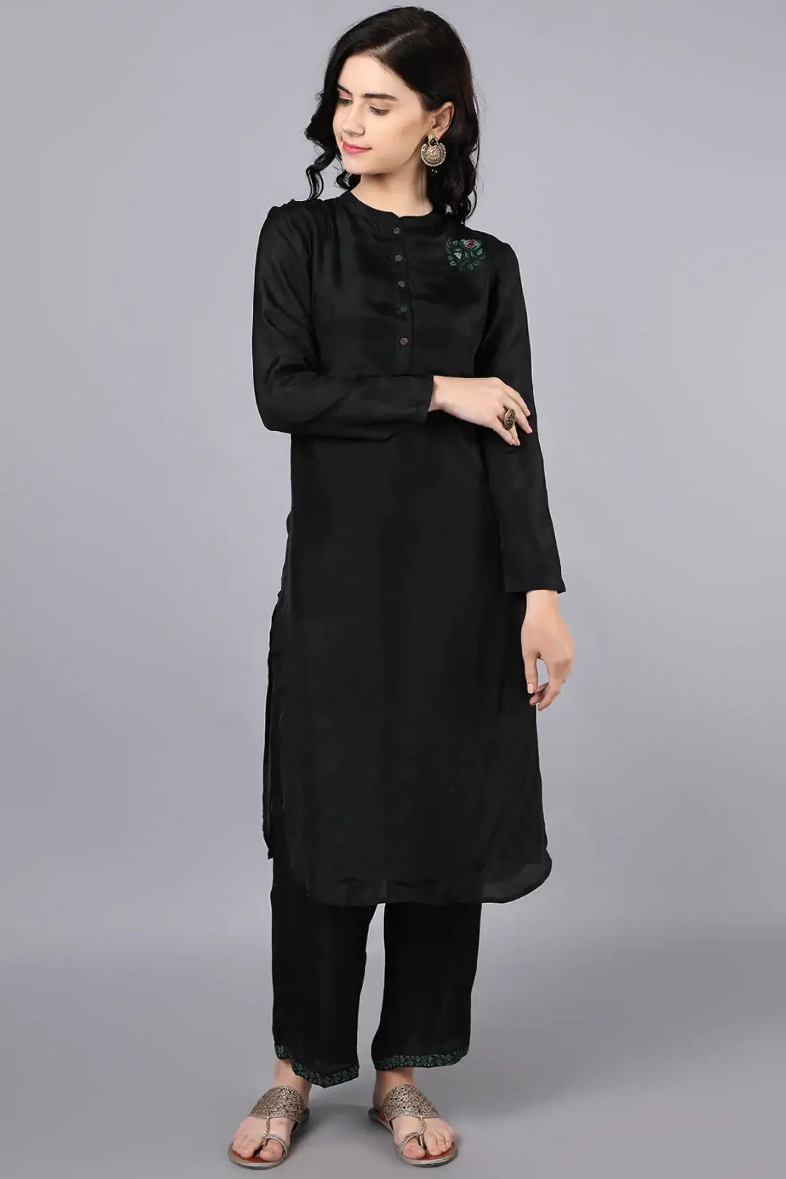 Chanderi kurta black with hand embroidery on yoke paired with black trouser