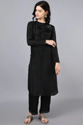 Chanderi kurta black with hand embroidery on yoke paired with black trouser