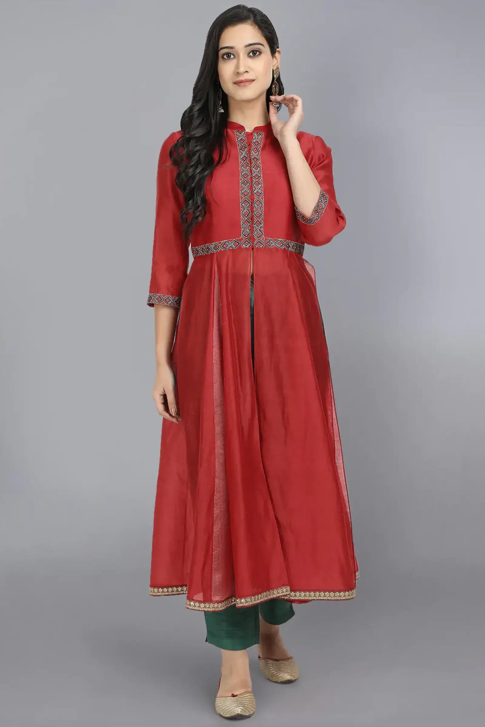 Red Embroidered jacket Kurta
