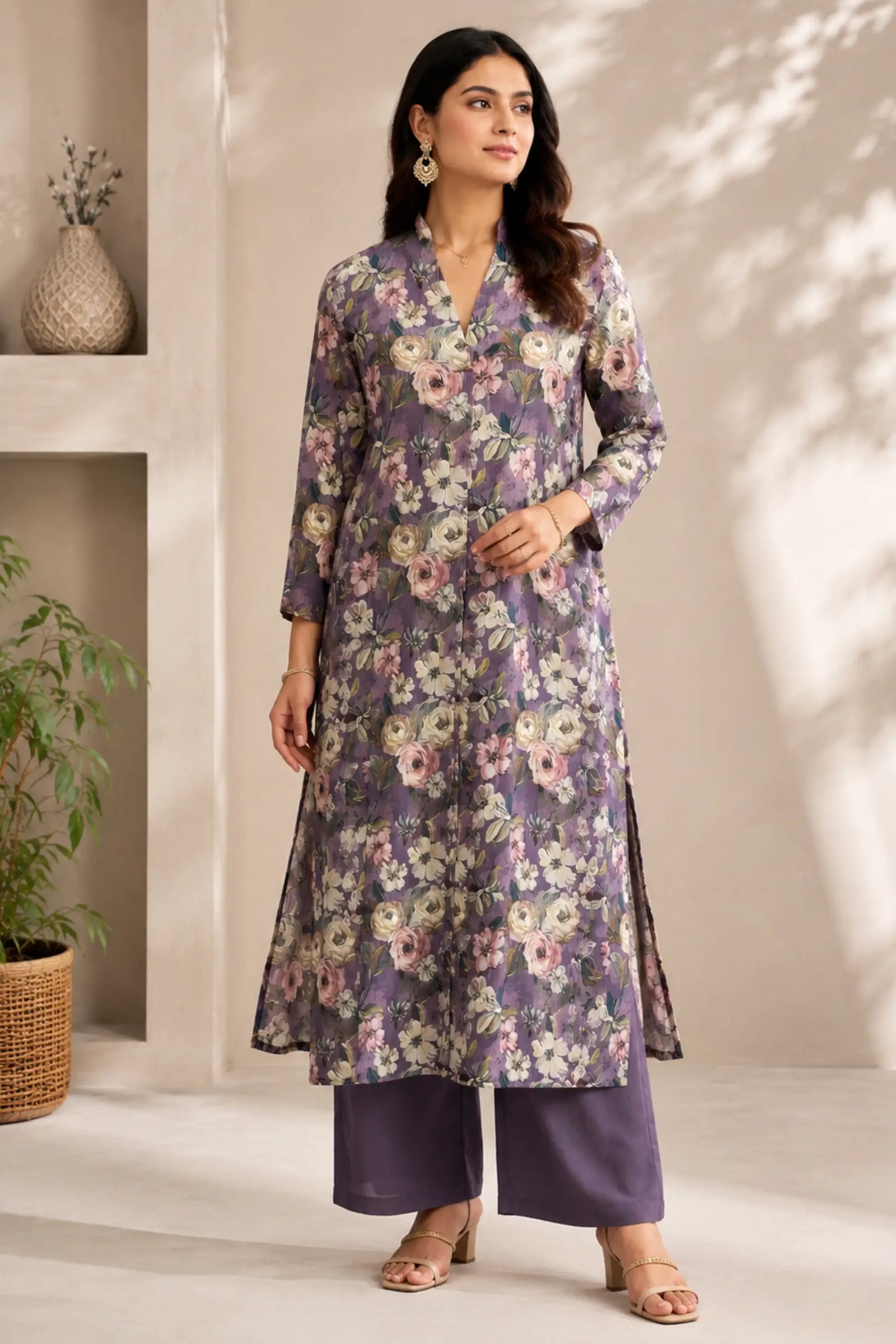 Darika Cotton Lavender Floral Print Kurta Set