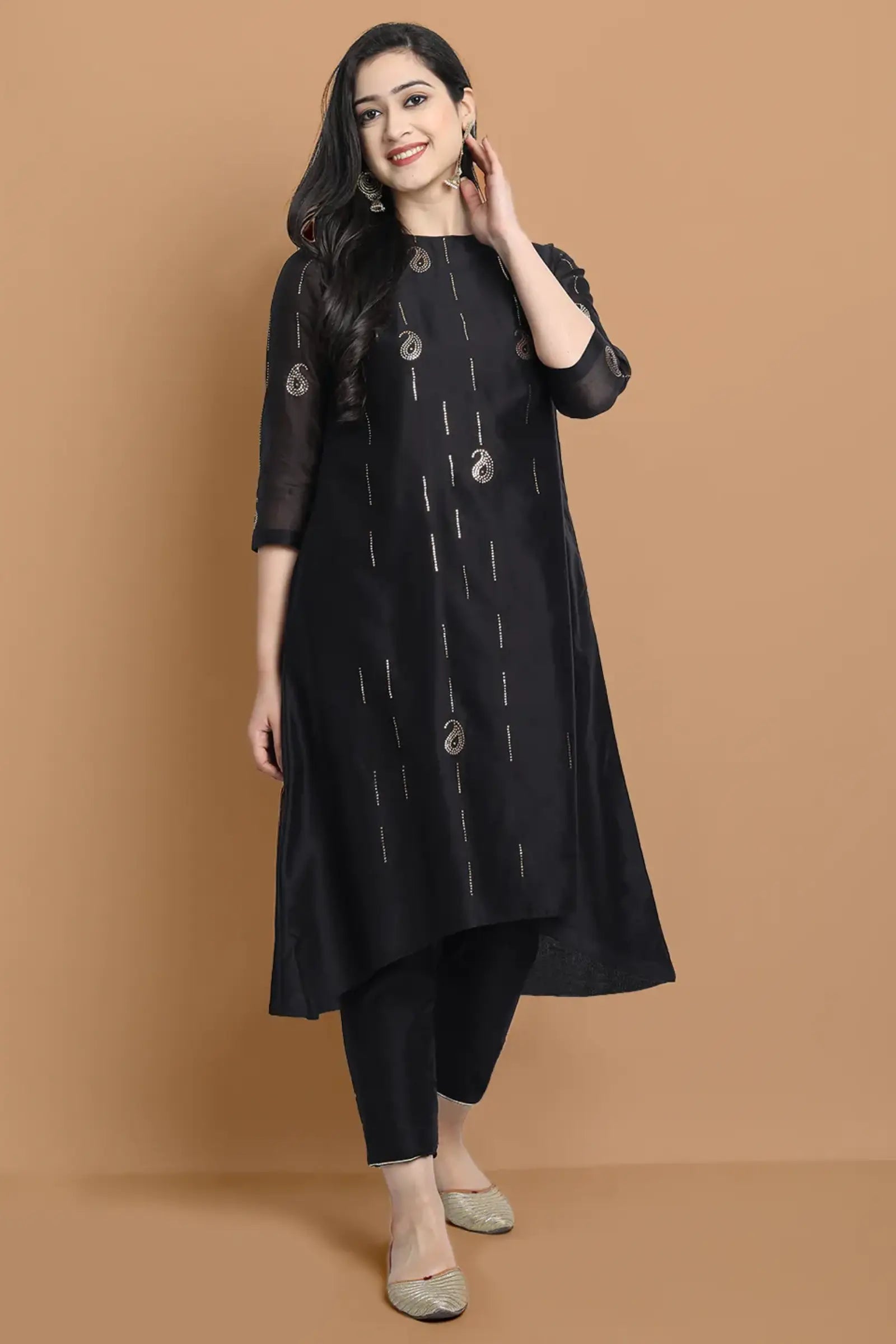 Yarn dyed cupro silk chanderi kurta highligted with mukaish hand work all over , paired with cotton trouser and zari chanderi net dupatta
