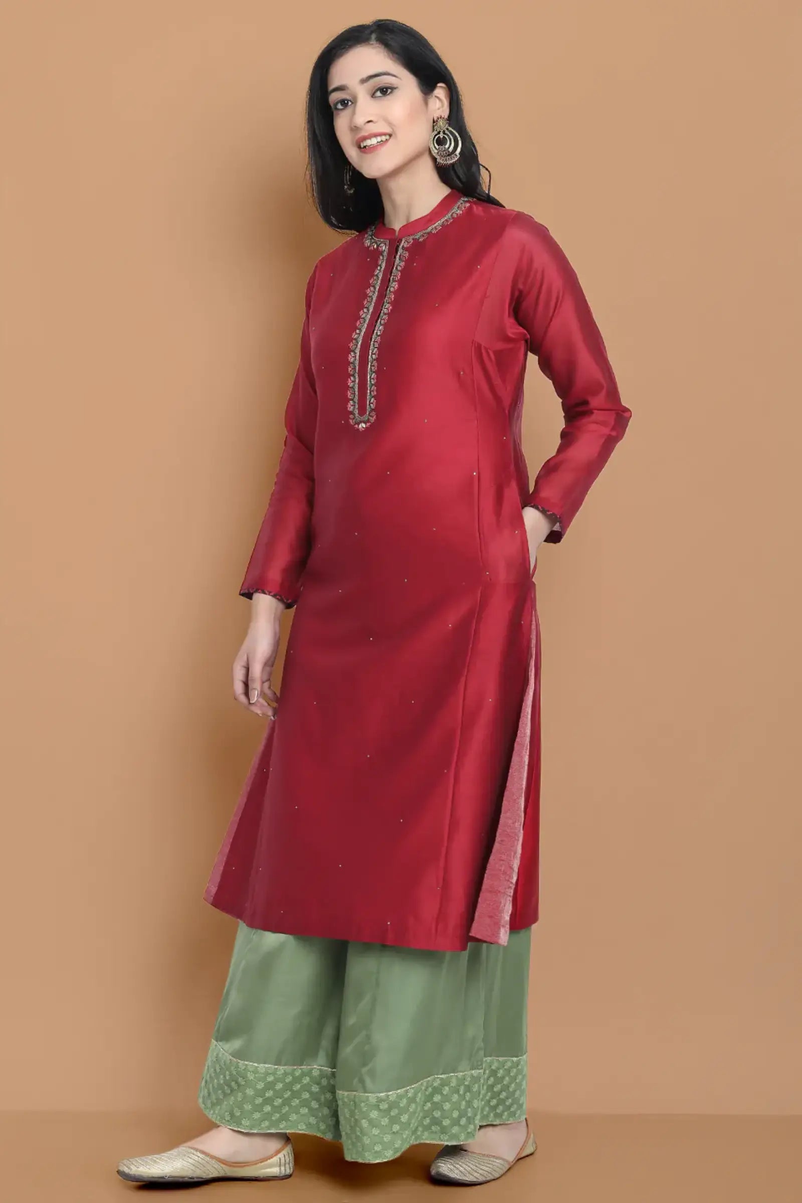 Hand embroidered silk chanderi kurta made on two tone chanderi , paired with modal satin wide farshi , highligted with hakoba lace