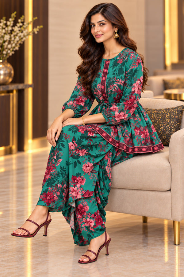 Nitara Floral Crepe Pleated Skirt with Top Set