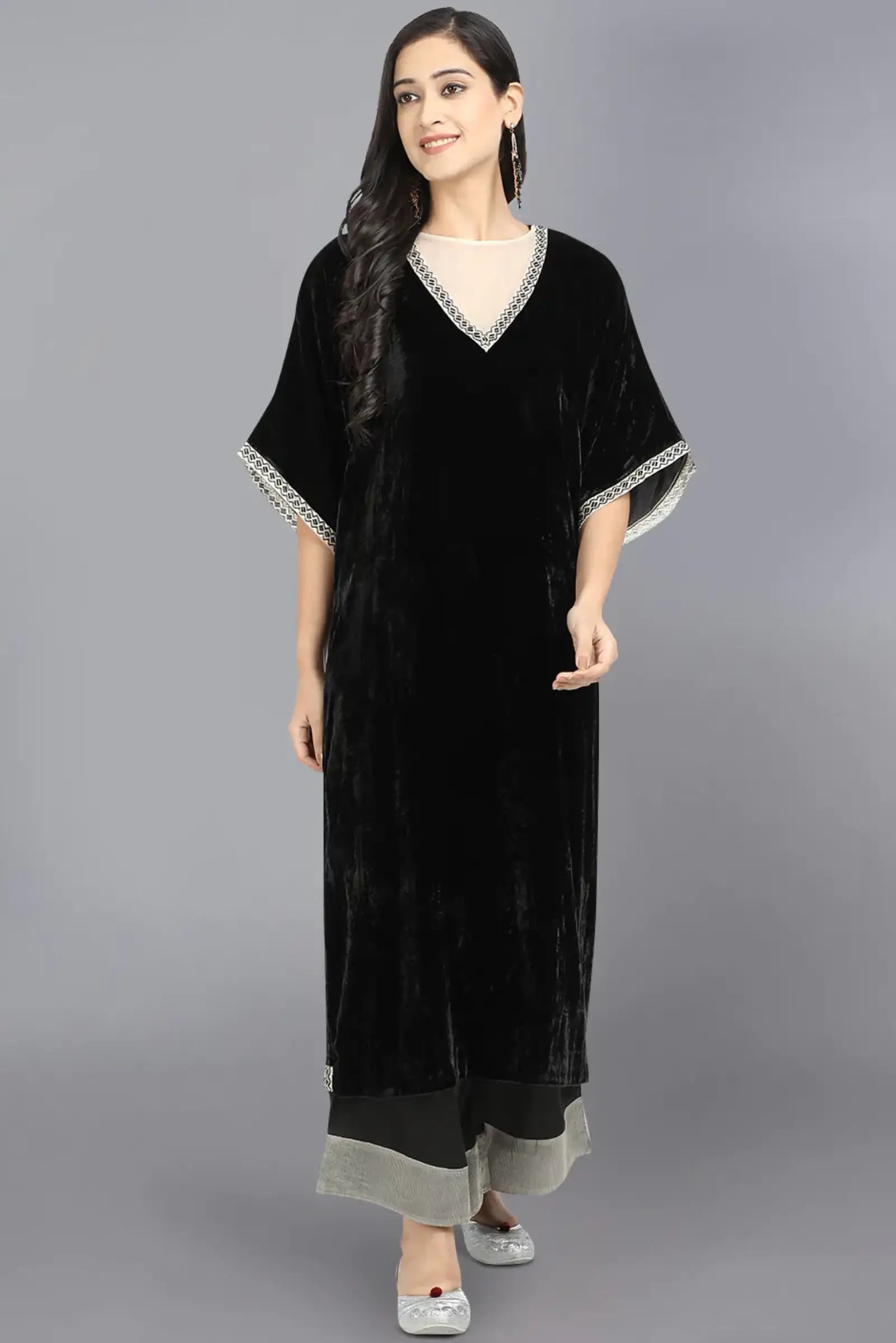 Velvet kurta with organza at neck with embroidery on sleeves and neck