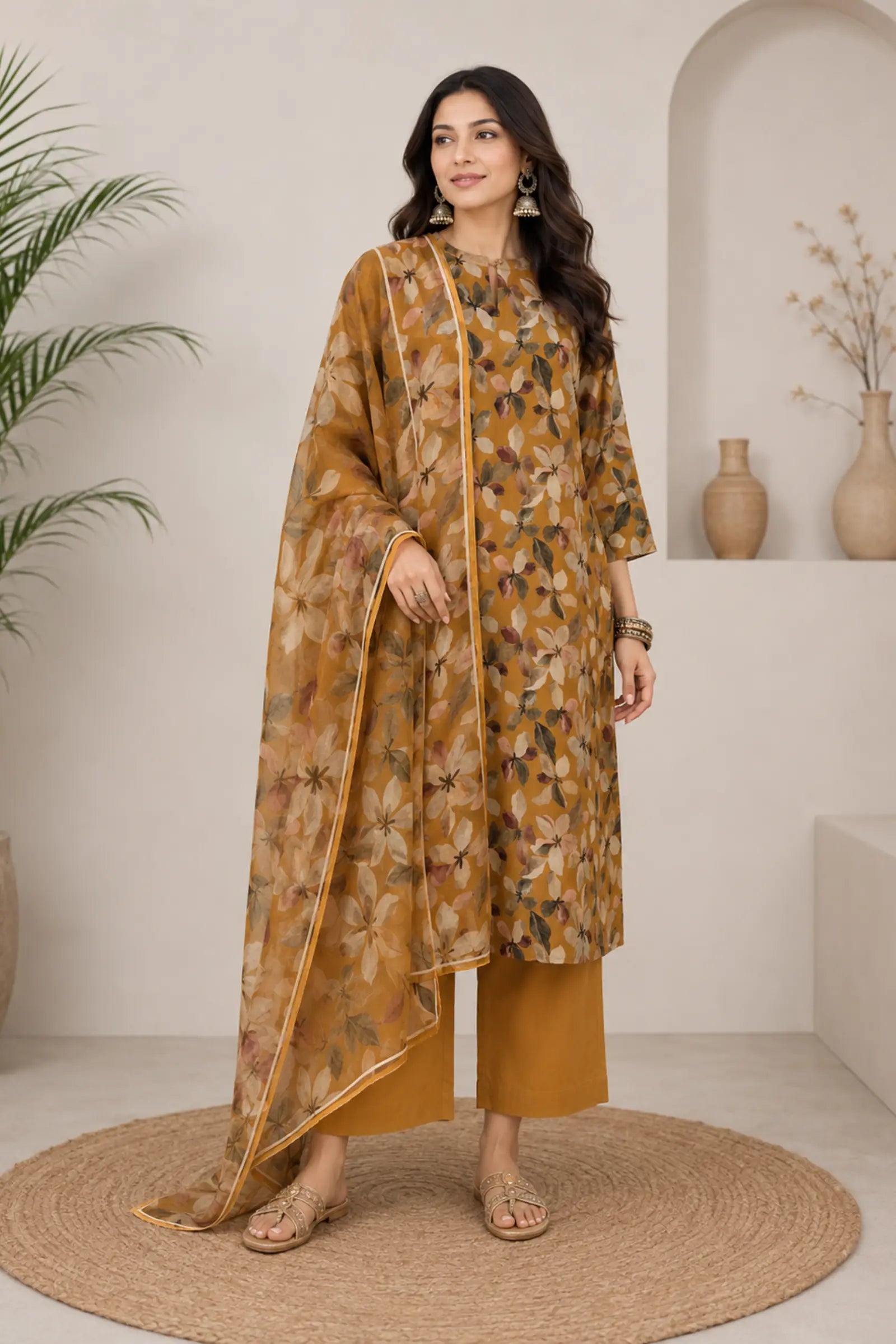 Anuja Cotton Mustard Floral Print Complete Suit Set