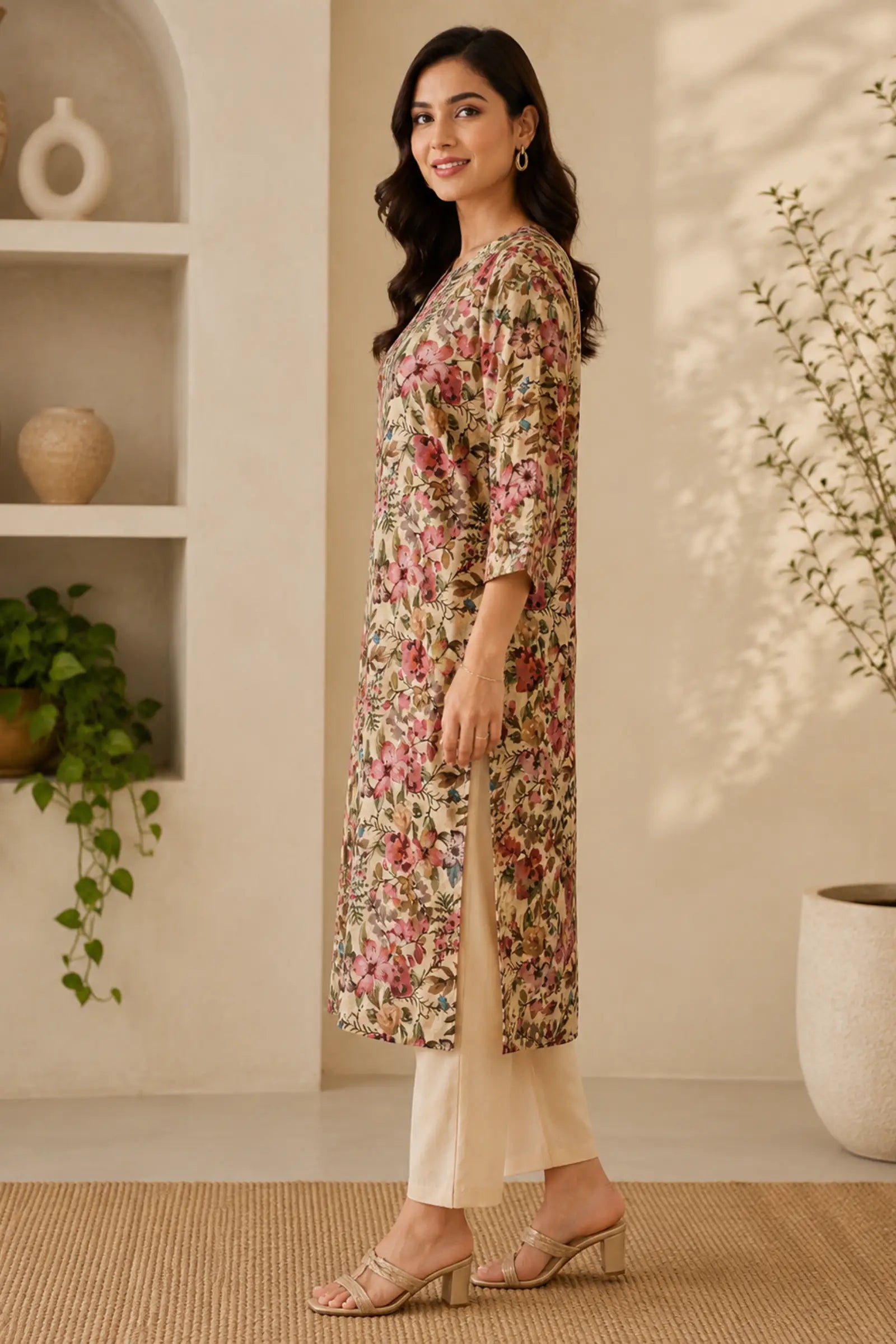 Ibhya Cotton Pink Floral Print Complete Suit Set