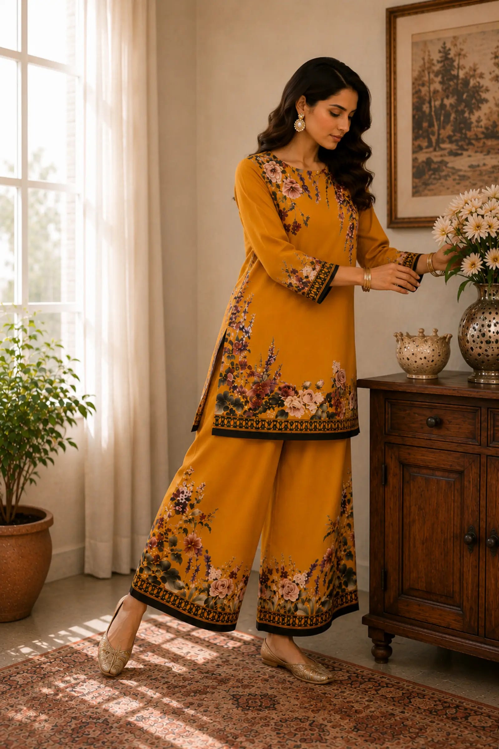 Navridhi Mustard Flower Print Co-Ord Set