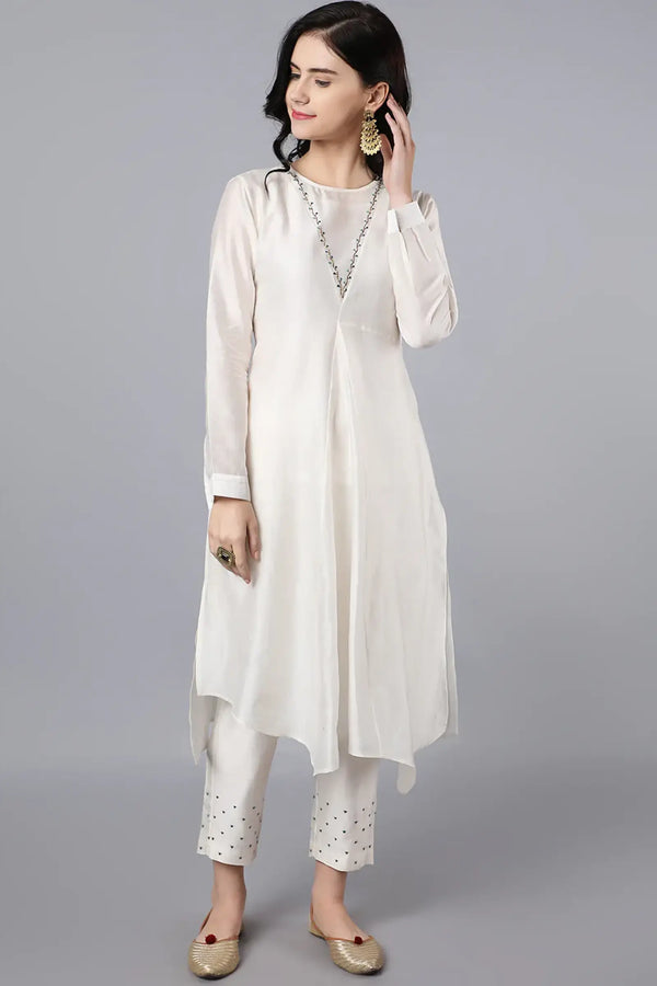Chanderi Asymetric Kurta Ivory with hand embroidery on neck