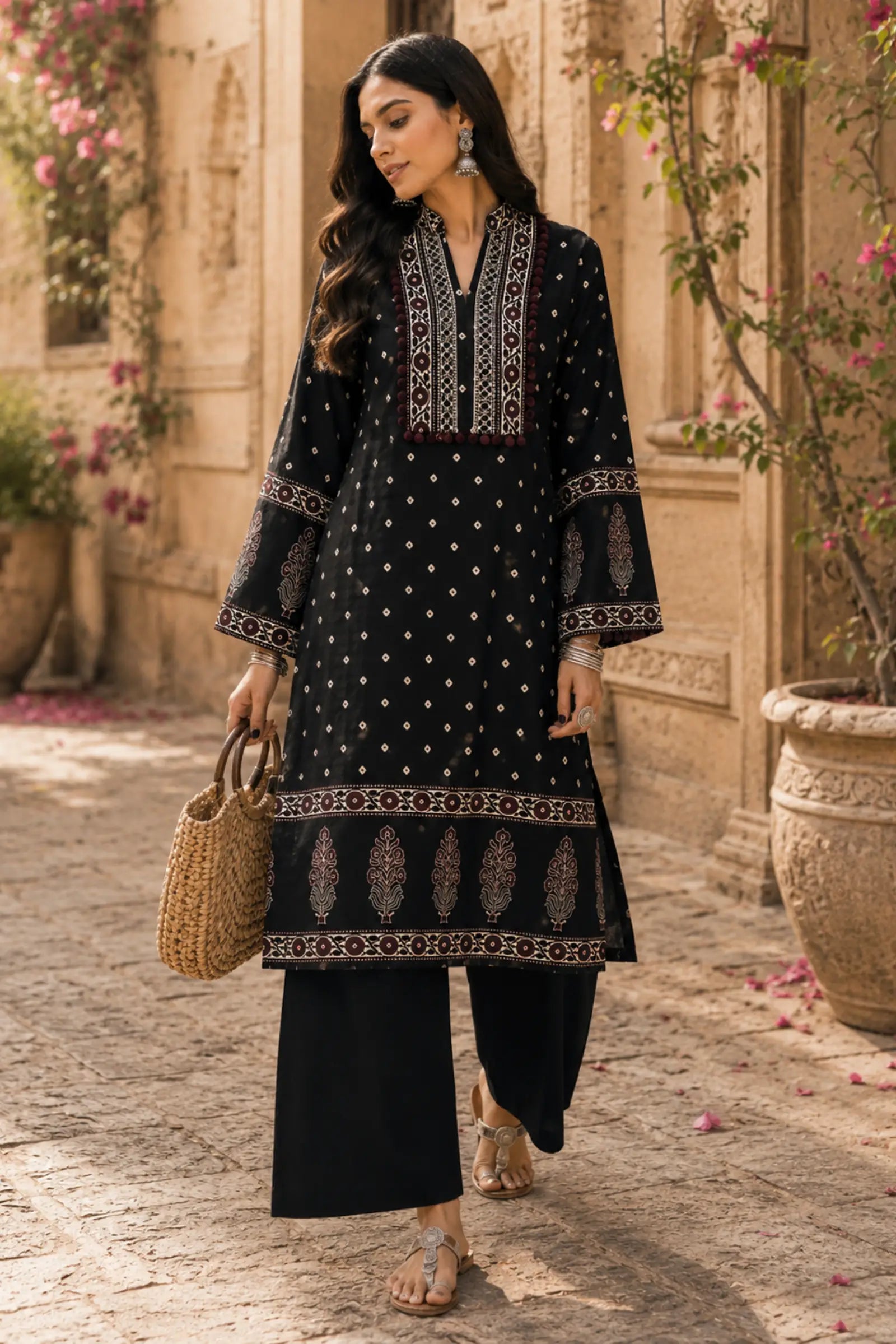 Yukti Cotton Cream Base with Classic Black Ethnic Print Kurta Set