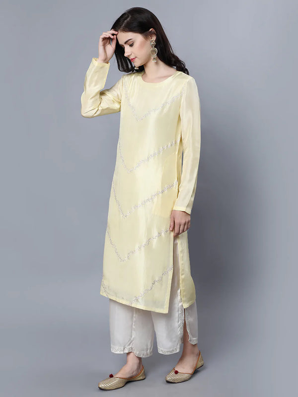 Cupro Silk Kurta with resham embroidery on front panel Paired with Ivory palazzo with embroidery at side slit covering hem