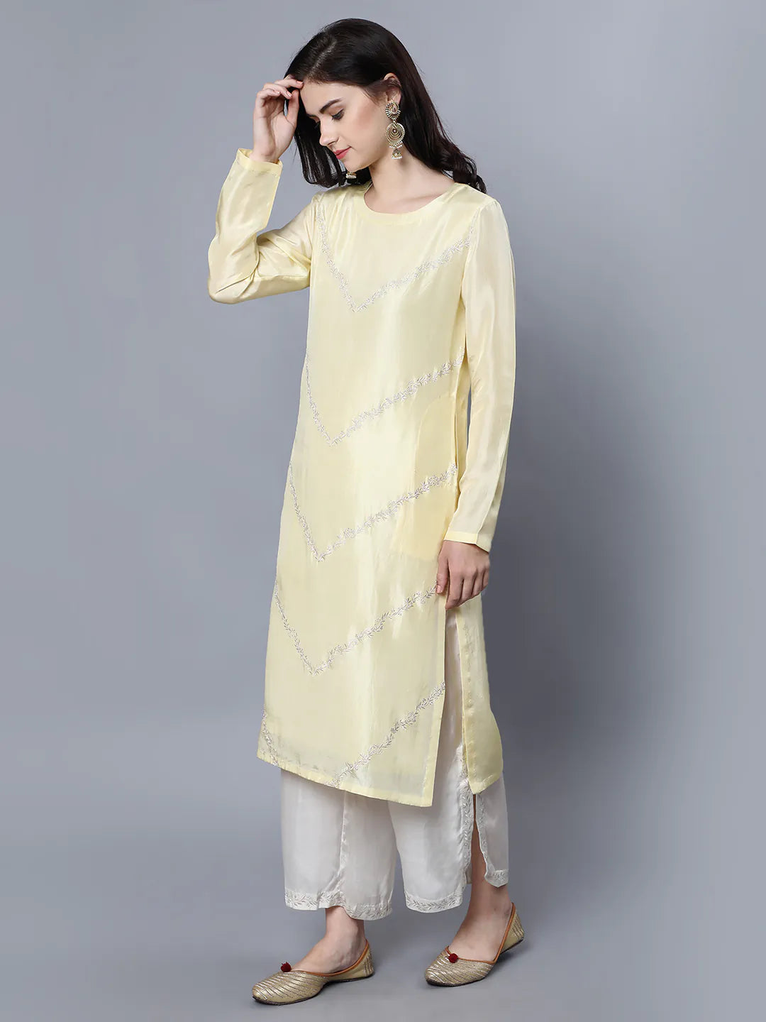 Cupro Silk Kurta with resham embroidery on front panel