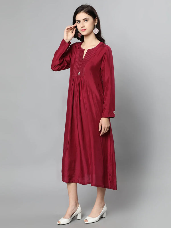 100%Cupro Silk Textured wine Dress with Floral embroidery on yoke and sleeves
