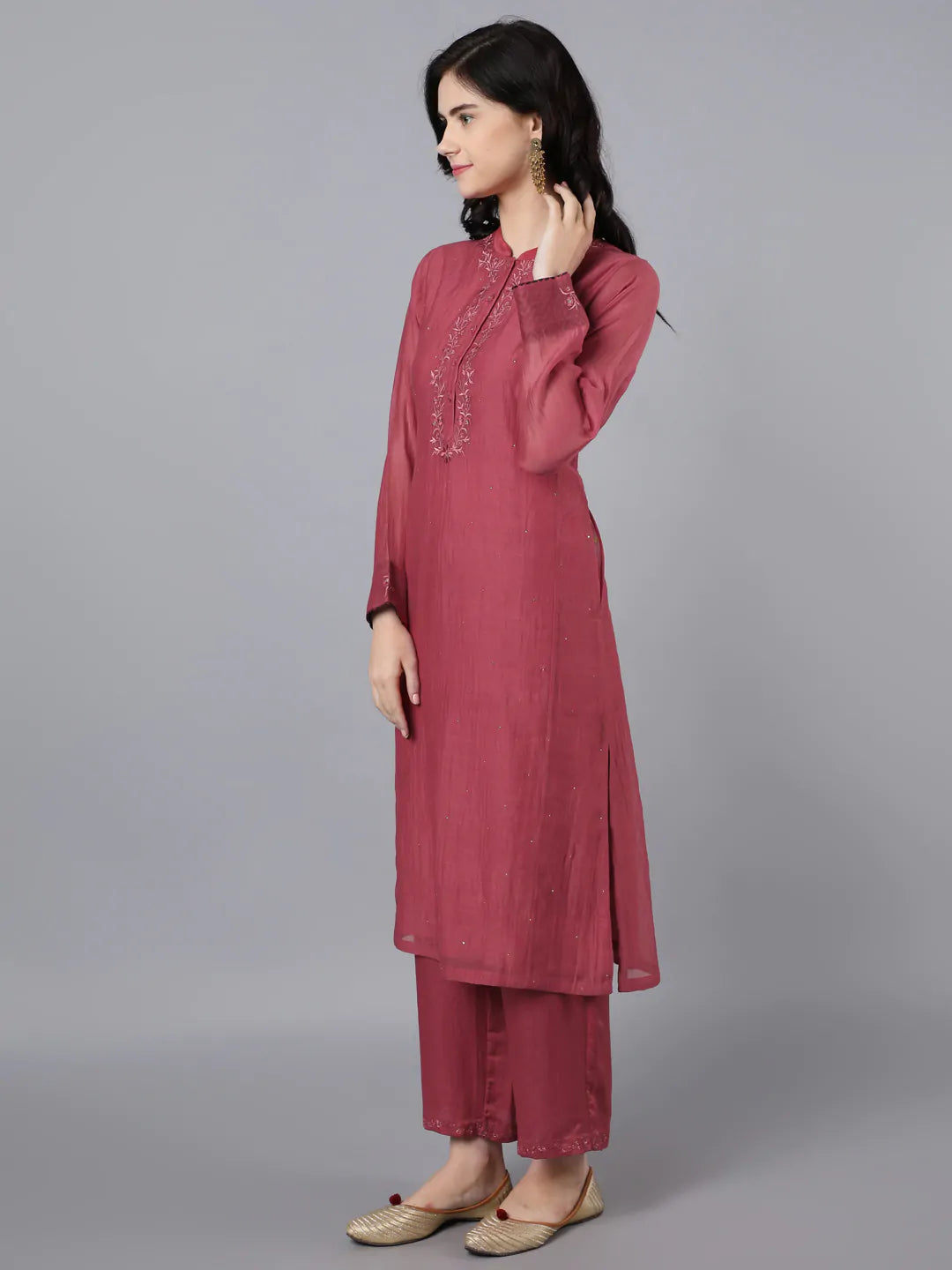 Chanderi kurta in brick red paired with farshi pants