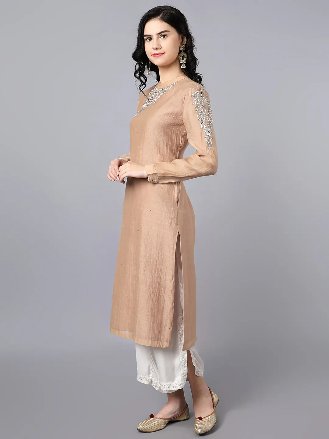 Chanderi kurta with resham and badla embroidery Paired with Ivory palazzo in modal satin
